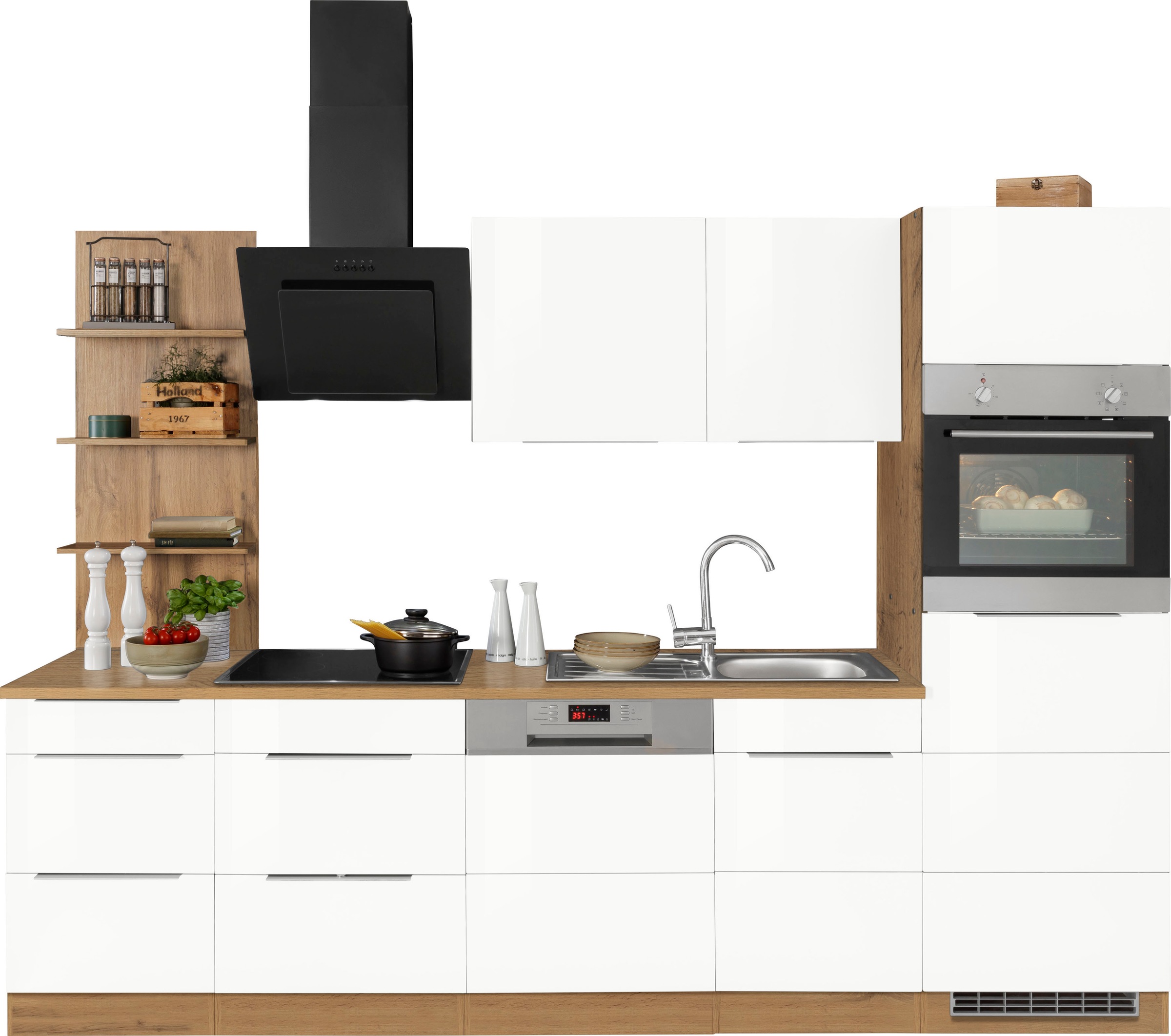 KOCHSTATION Küchenzeile "KS-Brindisi Breite 280 cm" wahlweise mit E-Geräten und Induktion, mit MDF-Fronten und Regal