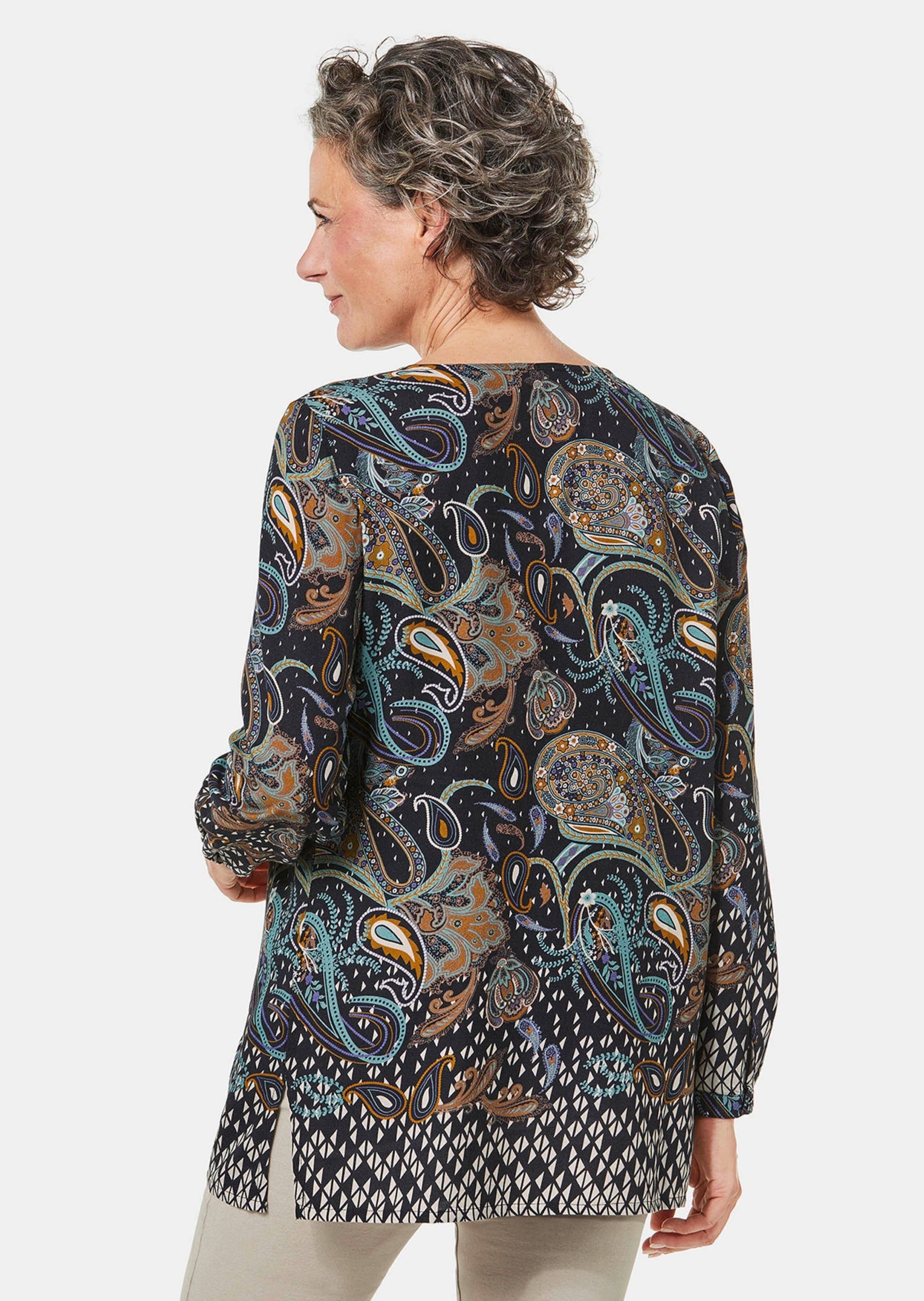 GOLDNER Druckbluse »Longbluse Farbbrillante Druckbluse mit liebevollen Details«