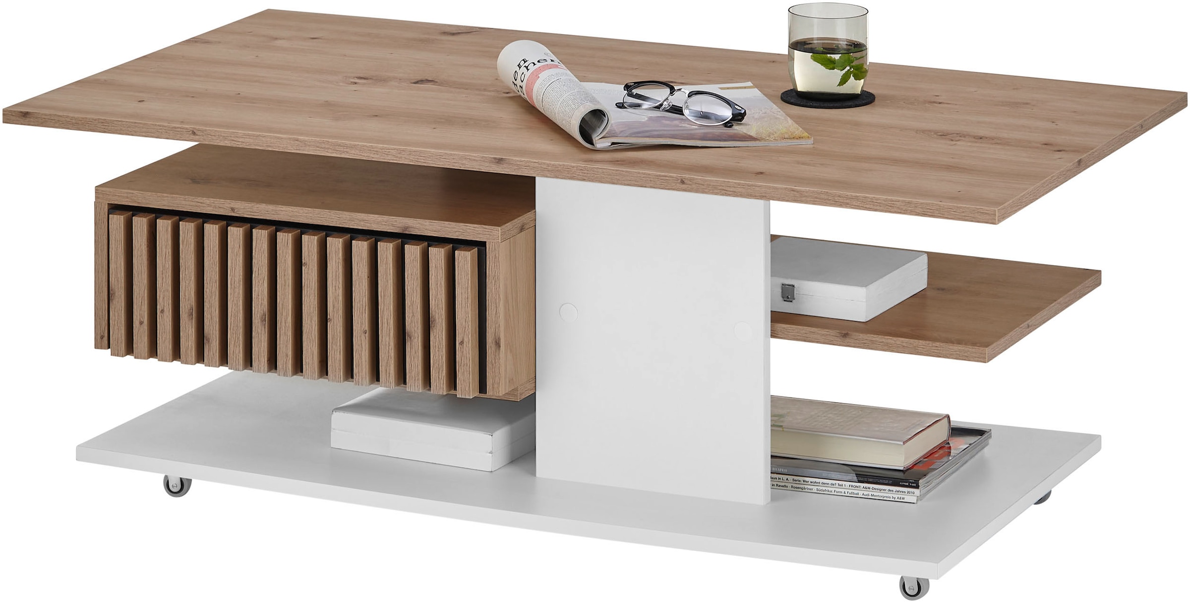 Stolkom Couchtisch »Ally Wohnzimmertisch rollbar Weiß, Artisan Dekor, BxHxT 110x44,5x60 cm«, Schubladenfront mit Lamellen-Optik, Couchtisch rollbar