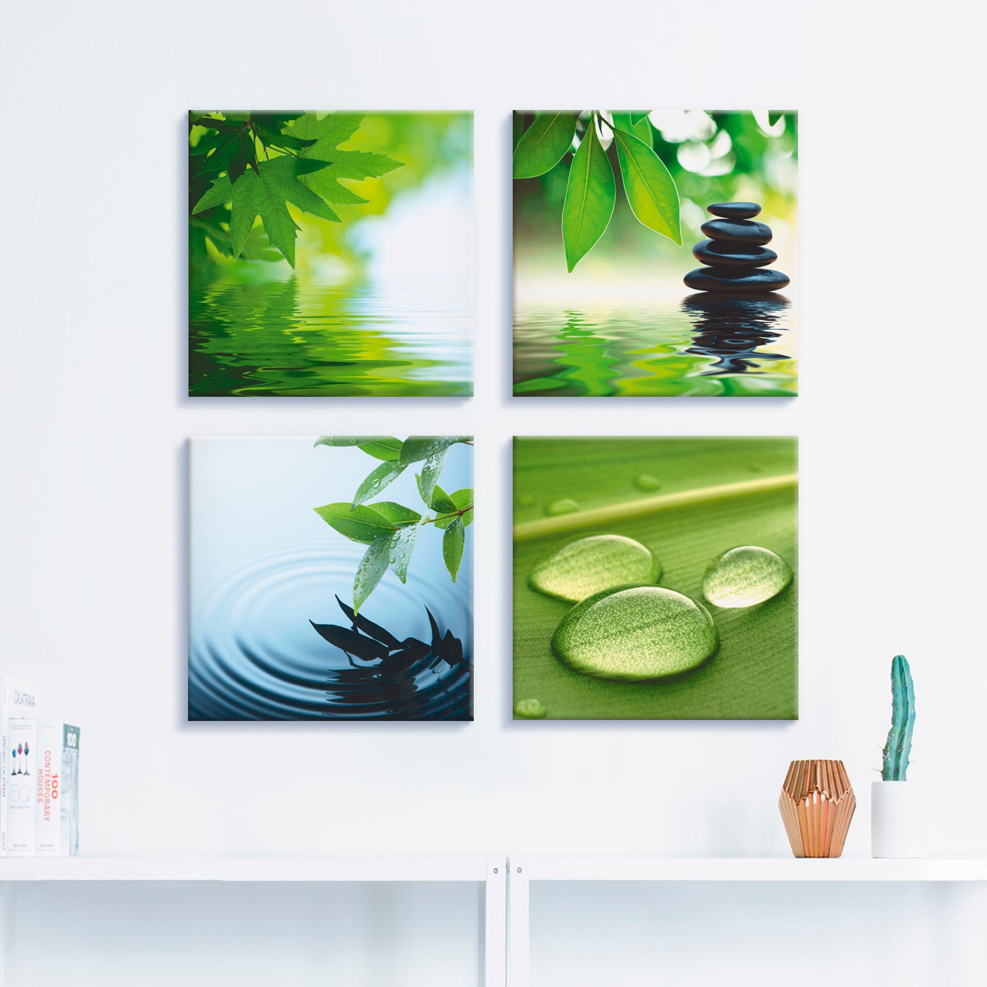 Artland Leinwandbild »Blätter Wasser Zen Steinpyramide Tropfen«, Zen, (4 St.),  4er Set, verschiedene Größen auf Raten bestellen | Kunstdrucke