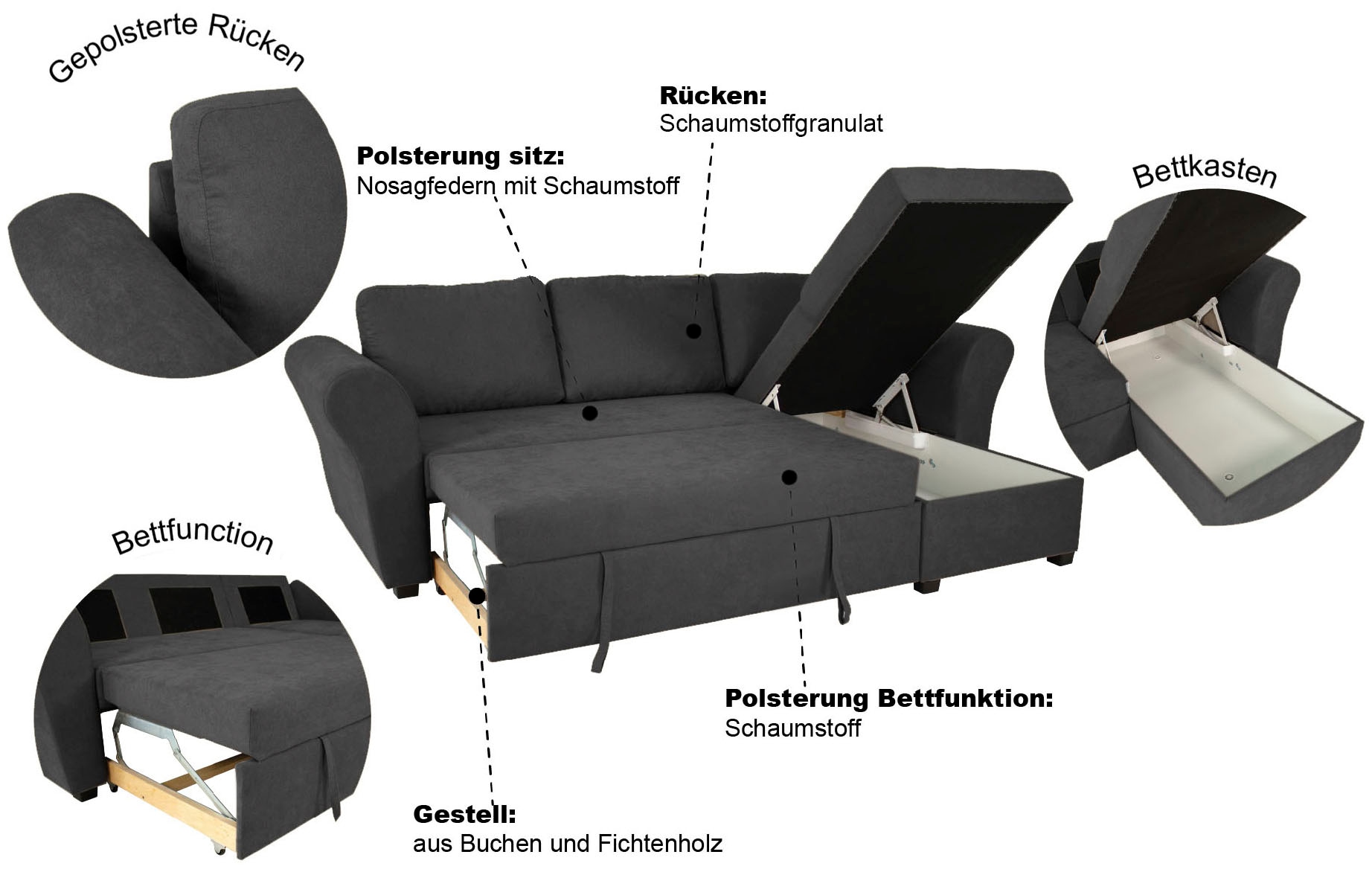 Trends by HG Ecksofa »Lasse L-Form, B: 259 cm« mit Bettfunktion & Bettkasten