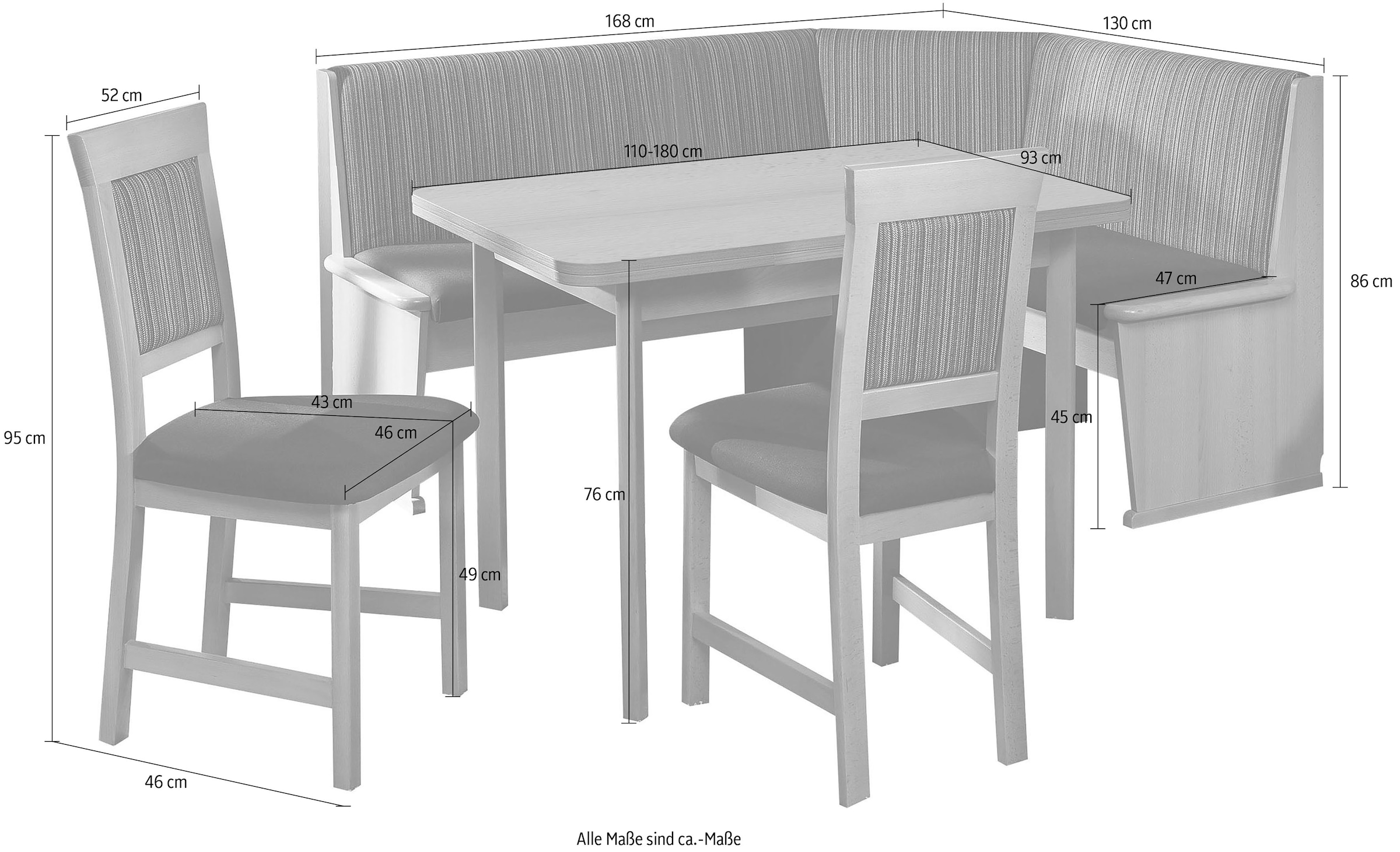 SCHÖSSWENDER Eckbankgruppe »Imola«, (Set, links Eckbank rechts 110(180)cm, bestellen 4), Auszug umstellbar, Rechnung Stühle auf und massiv