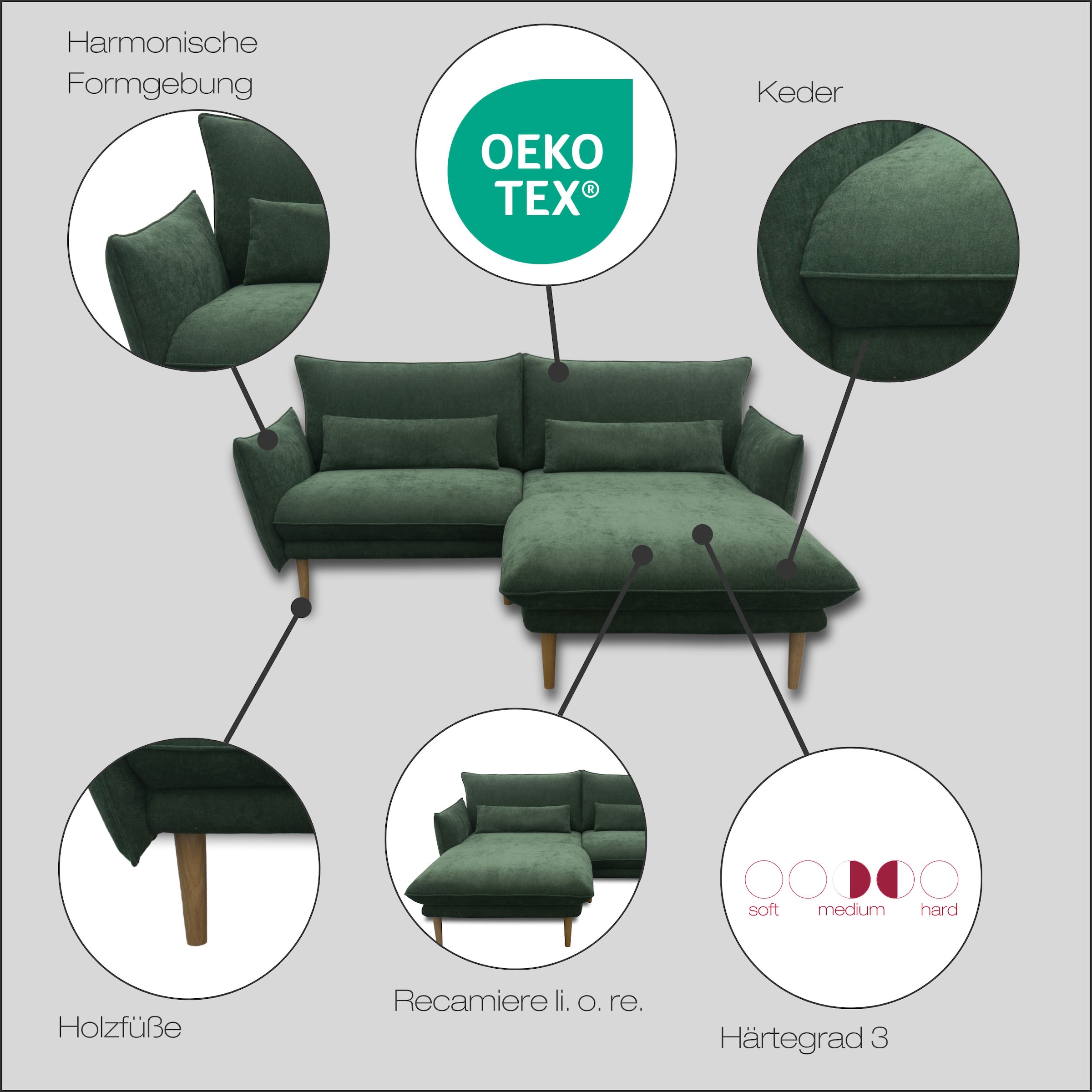 DOMO collection Ecksofa »Leuven kompakte Stellmaße, Breite 200 cm, schmale Armlehnen, L-Form« angenehm feste Polsterung, bodenfrei, 19 cm hohe Holzfüße