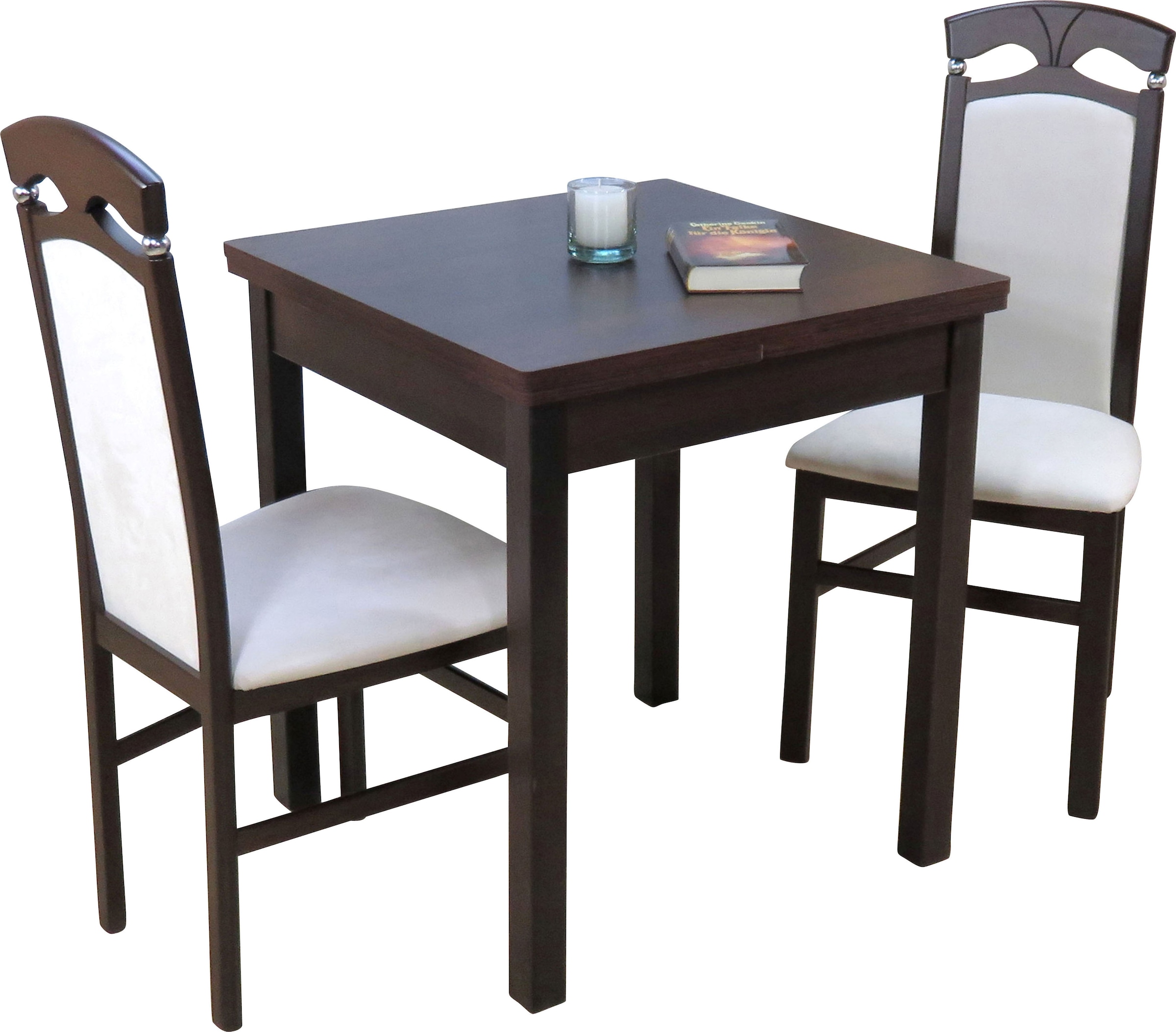 HOFMANN LIVING AND MORE Essgruppe »Anthony«, (Spar-Set, 3 tlg., 1 Tisch, 2 Stühle), Stuhlgestell und Tischbeine aus Massivholz, Tisch mit 2 Ansteckplatten