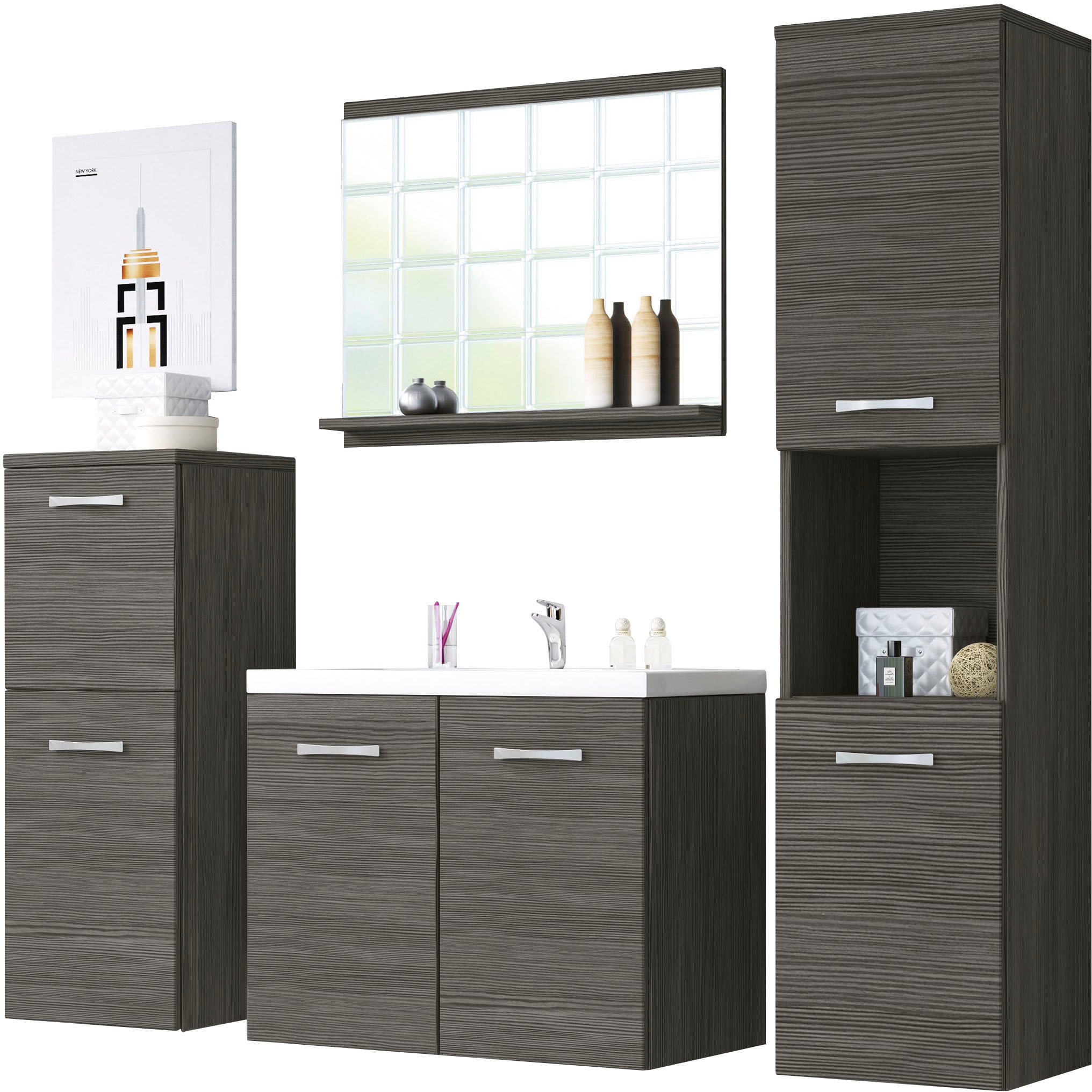 welltime Badmöbel-Set »PARLA«, (Komplett-Set, 5 St.), Waschtisch inkl. Waschbecken, Spiegel, Hochschrank und Hängeschrank
