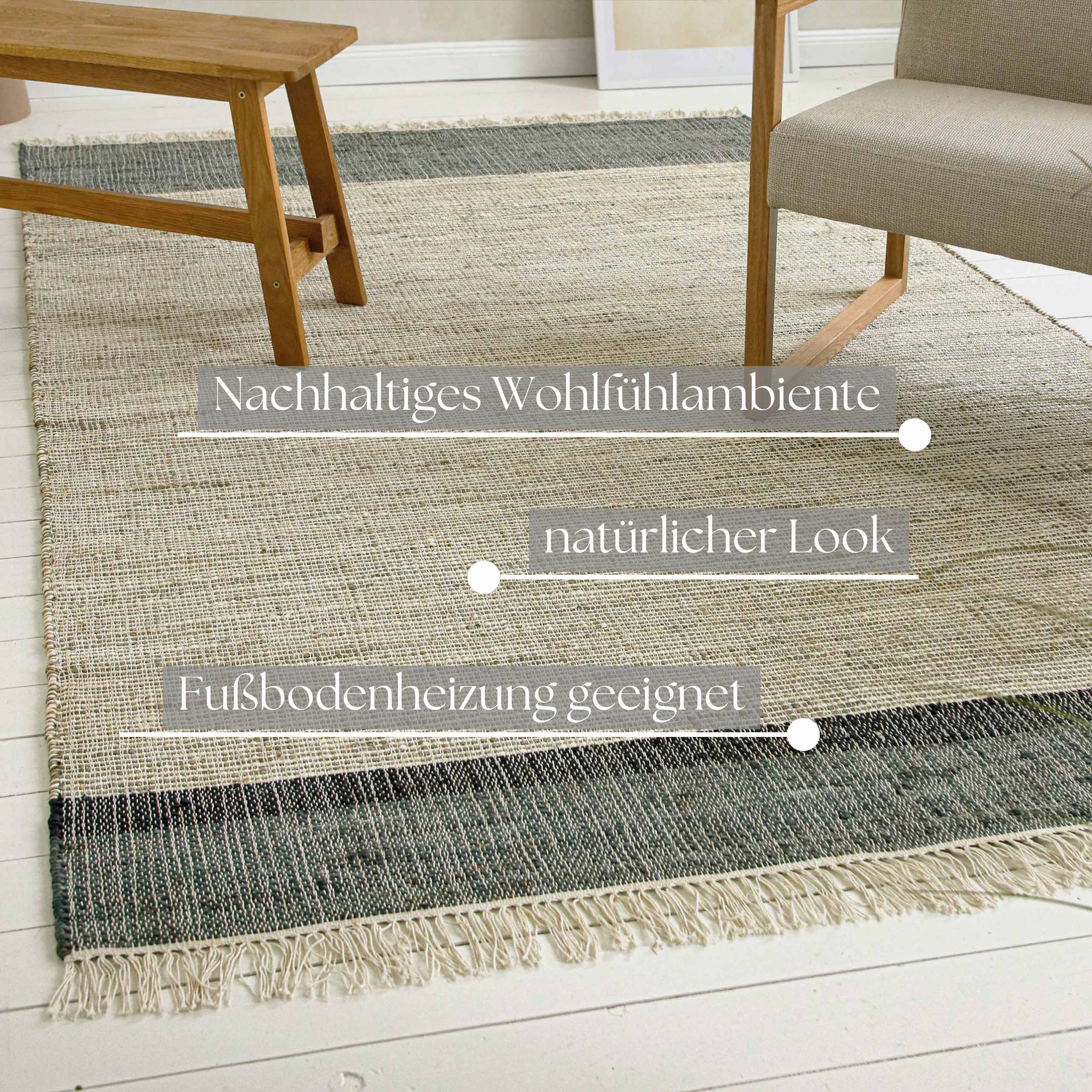 OTTO home Teppich »Bennii«, rechteckig, 4 mm Höhe, 80% Jute, handgewebt, mit Fransen, Wohnzimmer, Naturfaser