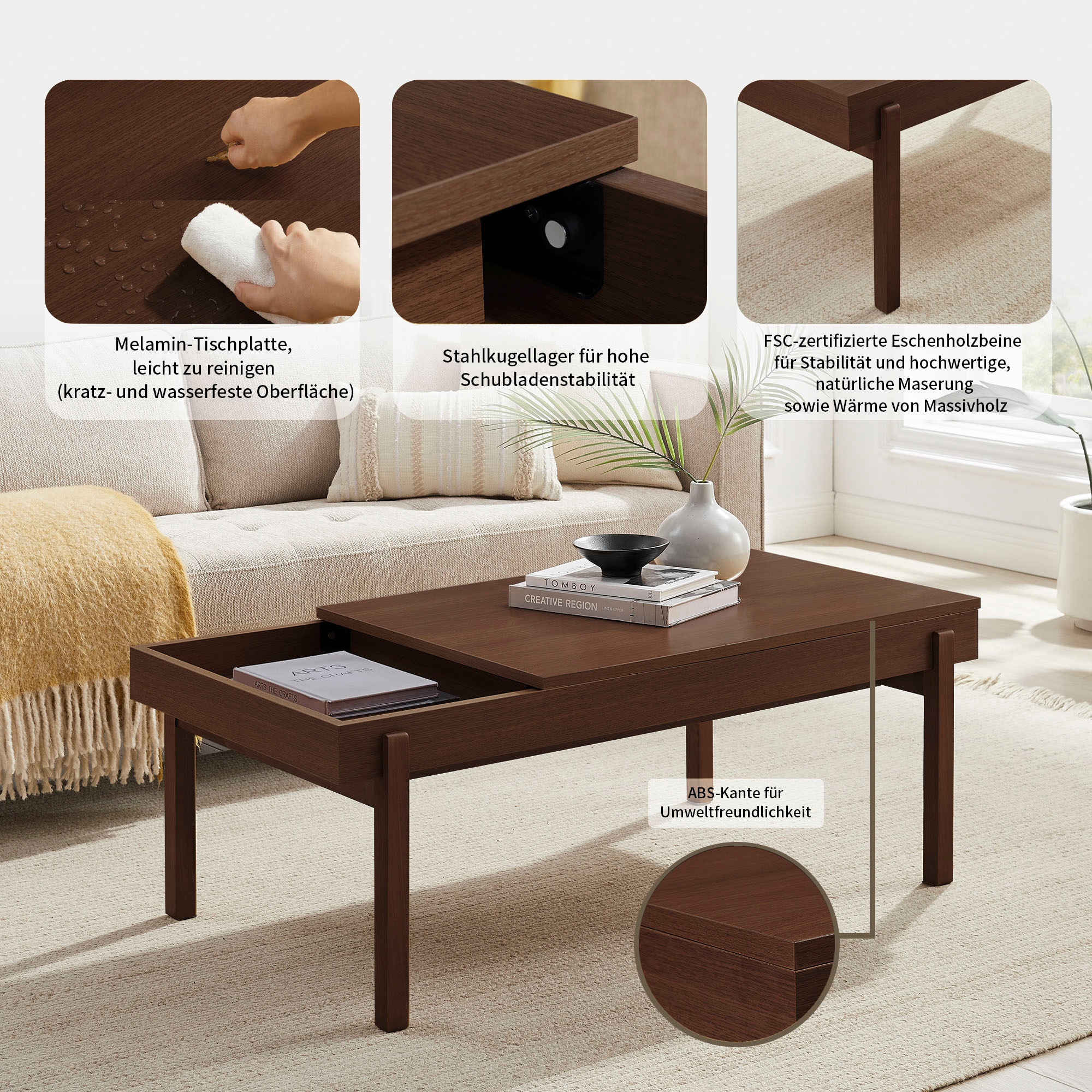 OTTO home Couchtisch »Norwin« Melaminoberfläche und robustes Gestell aus Eschenholz