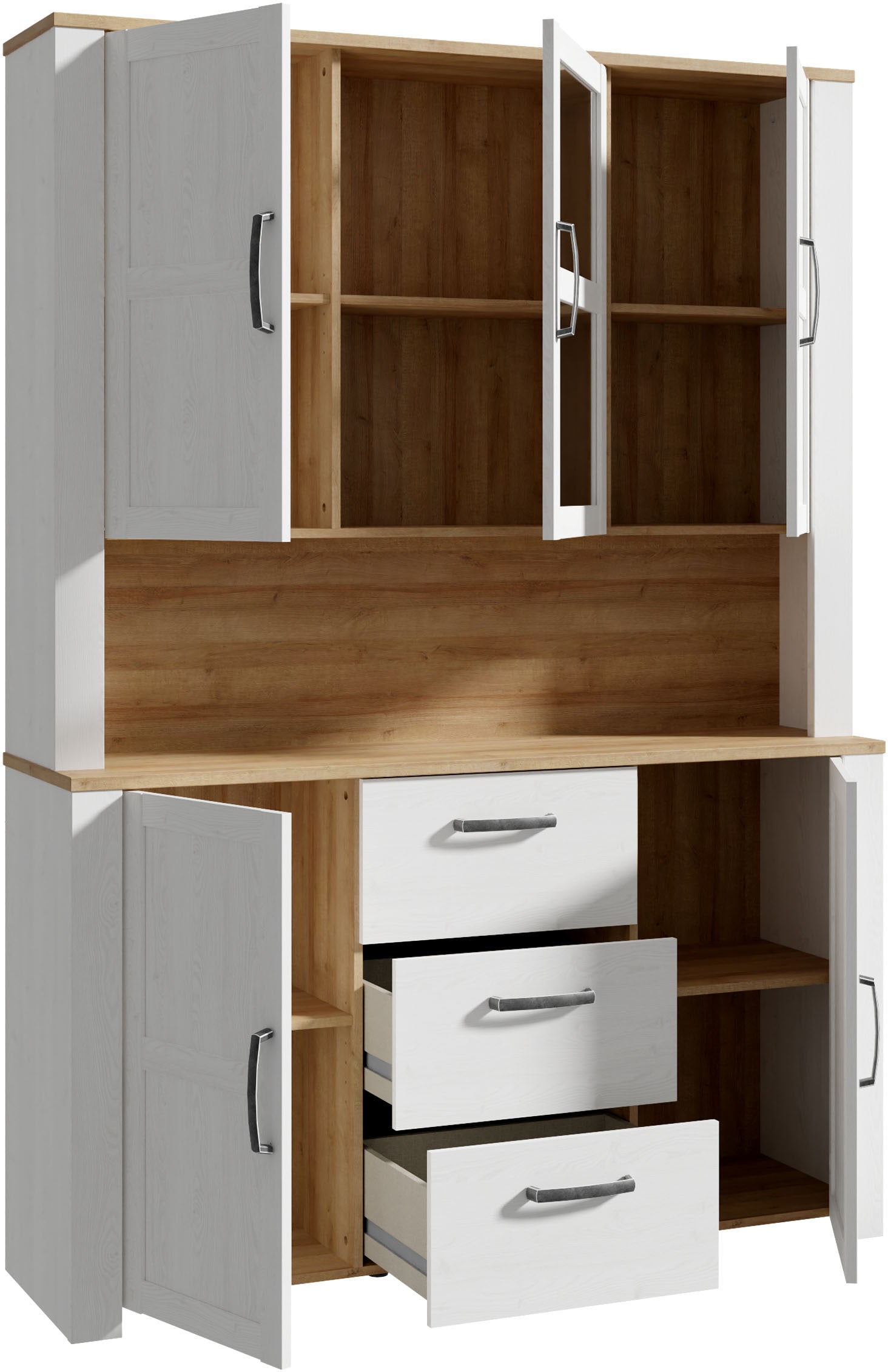 FORTE Buffet »Bohol, großes Highboard,4Türen, 1 Glastüre, 3 Schubkästen« B/H/T 146,1/205,4/42 cm, sehr viel Stauraum
