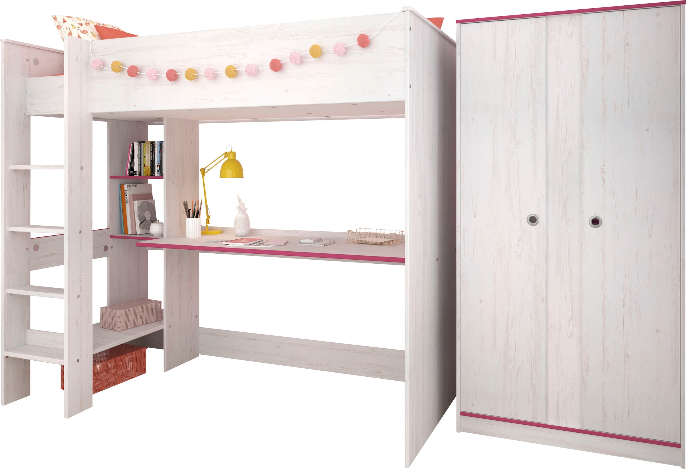 Parisot Jugendzimmer-Set »Smoozy«, (Set, 2 St., Hochbett mit integr. Schreibtisch und Kleiderschrank)