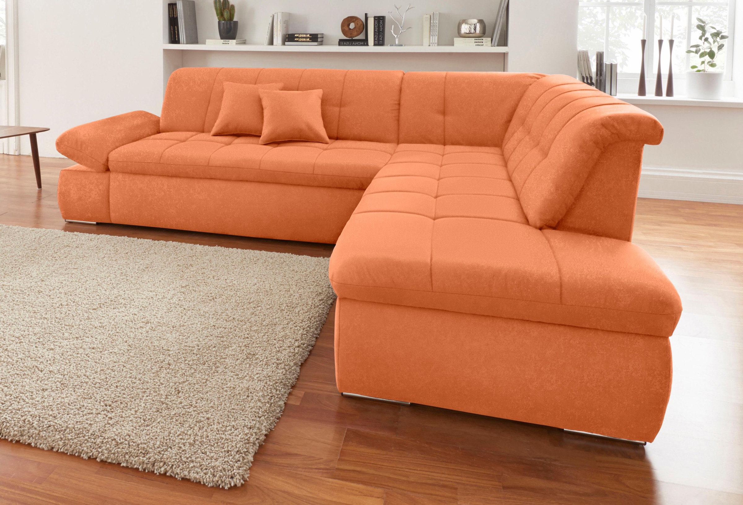 DOMO collection Ecksofa »NMoric incl. Zierkissen B/T/H: 273/216/80 cm L-Form«, Ottomanen-Abschluss, wahlweise mit Bettfunktion und Armlehnverstellung