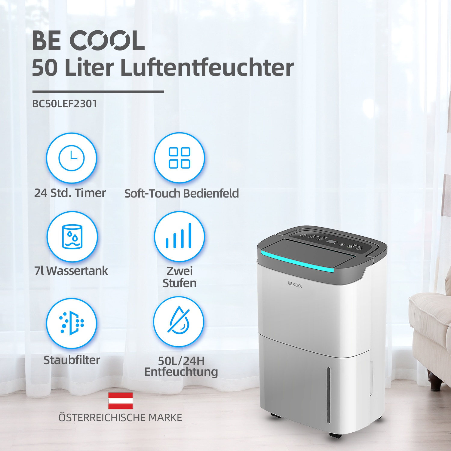 be cool Luftentfeuchter »BC50LEF2301«, für 125 m³ Räume, Entfeuchtung 50 l/Tag