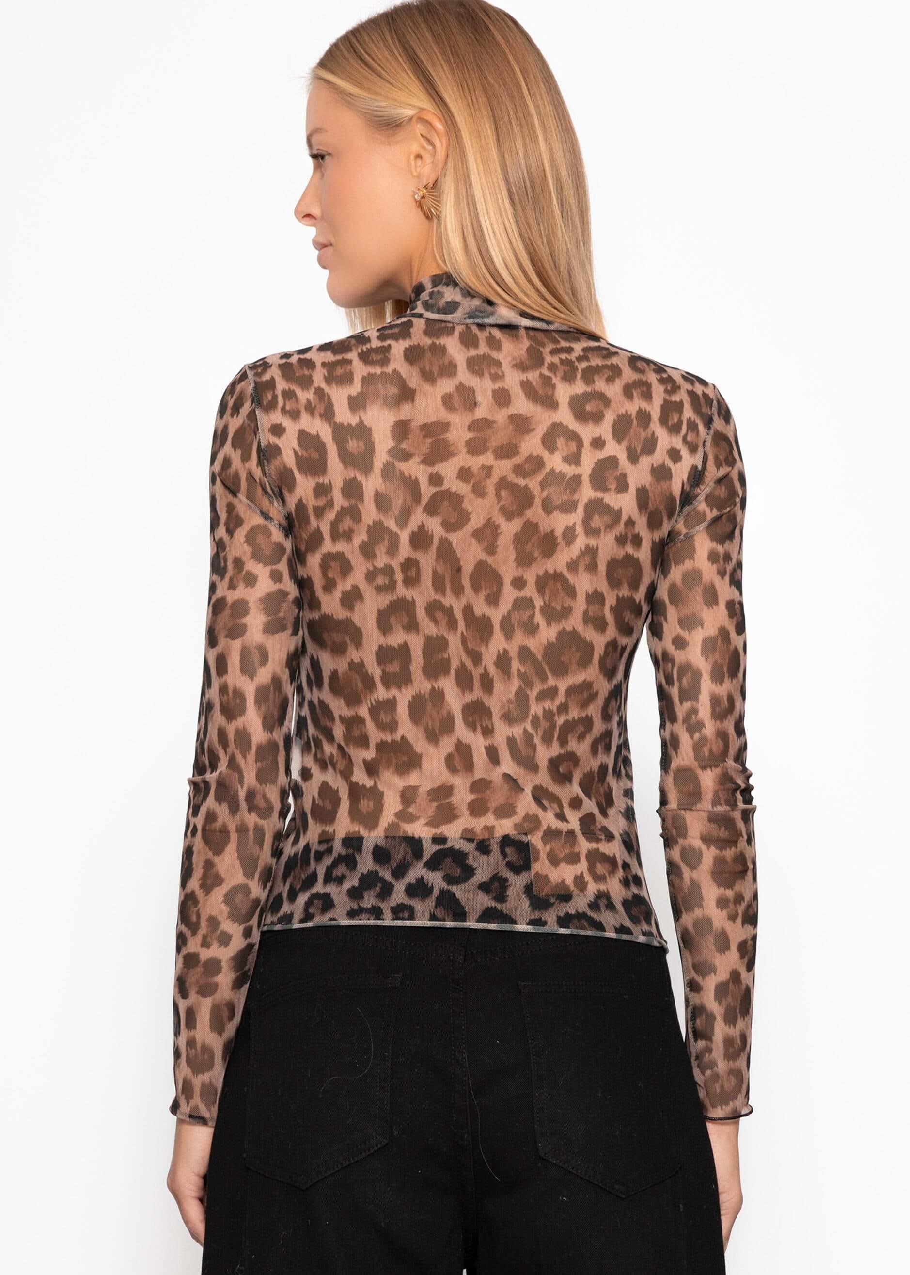 SASSYCLASSY Langarmshirt »Langarm-Mesh-Shirt mit auffälligem Leo-Print« Transparente Langarm-Leopardenbluse Damen