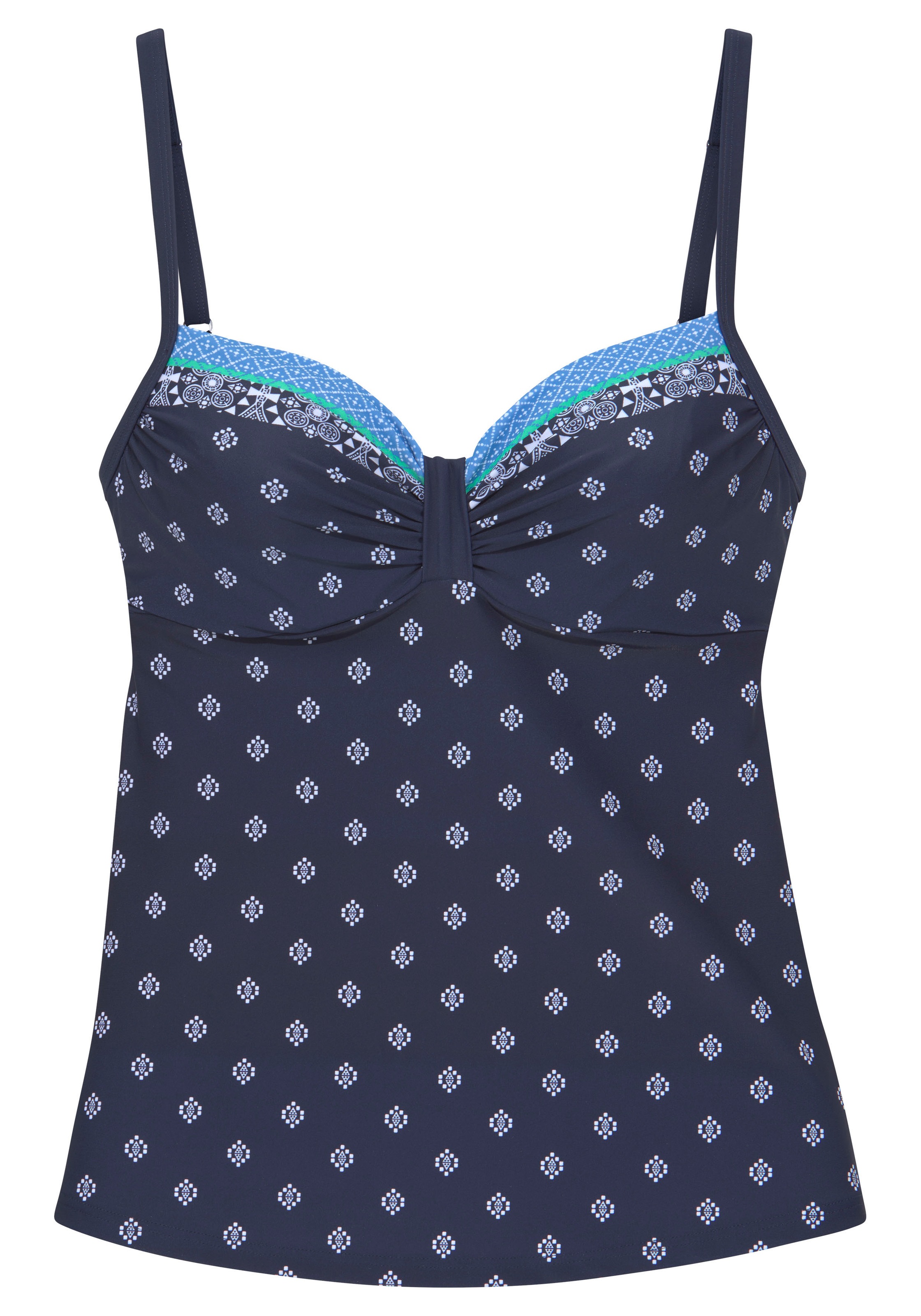 LASCANA, Damen, Bügel-Tankini-Top »Jimer« mit Unterbrustgummi, nachtblau, Cup F, 46 - Cup F, nachtblau, Platzierter Druck