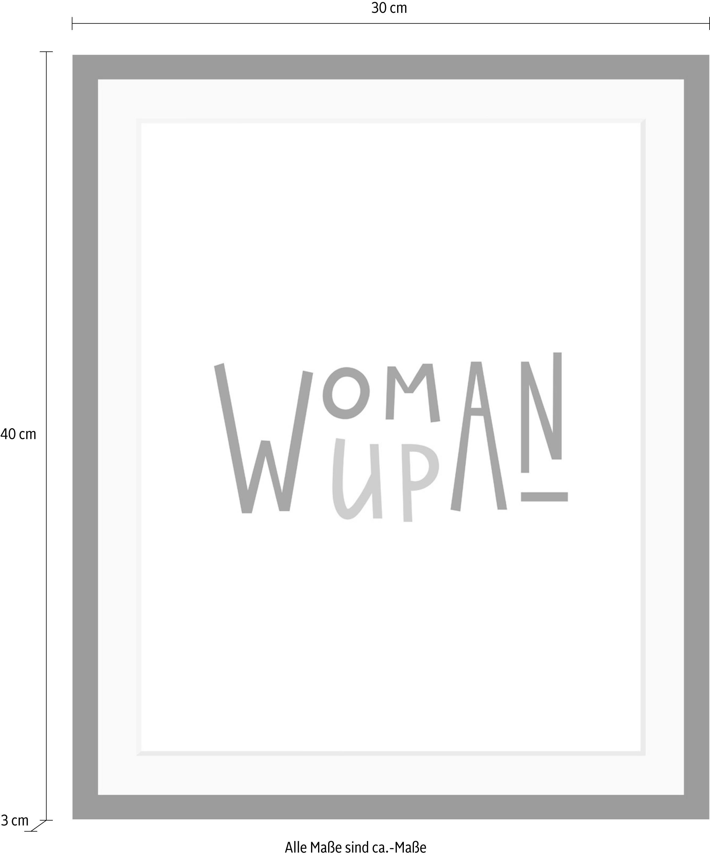 queence Bild »Woman«, Schwarz-Weiß-Schriftzug-Motivationsbilder-Fashion-Frau, HD Premium Poster-Druck inkl. Holzrahmen