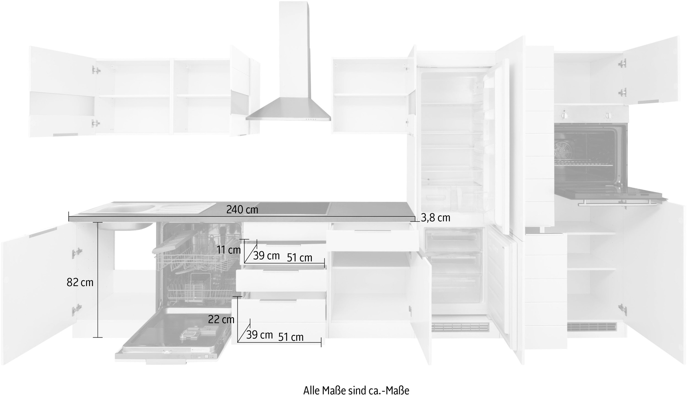 HELD MÖBEL Küche »Luhe«, 390 oder wahlweise bestellen cm E-Geräten, MDF-Fronten bequem mit ohne breit, gefräste