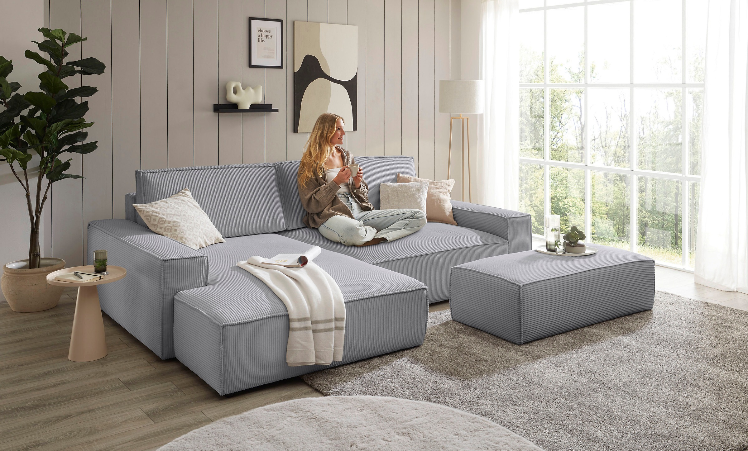 Home affaire Polsterecke »NEU: SHERWOOD XXL tief, L-Form mit Schlaffunktion, Big-Sofa mit Hocker«, (Set, 2 St.), stellbar zum Schlafsofa (Krokodilverbinder), Cord, Leinenoptik