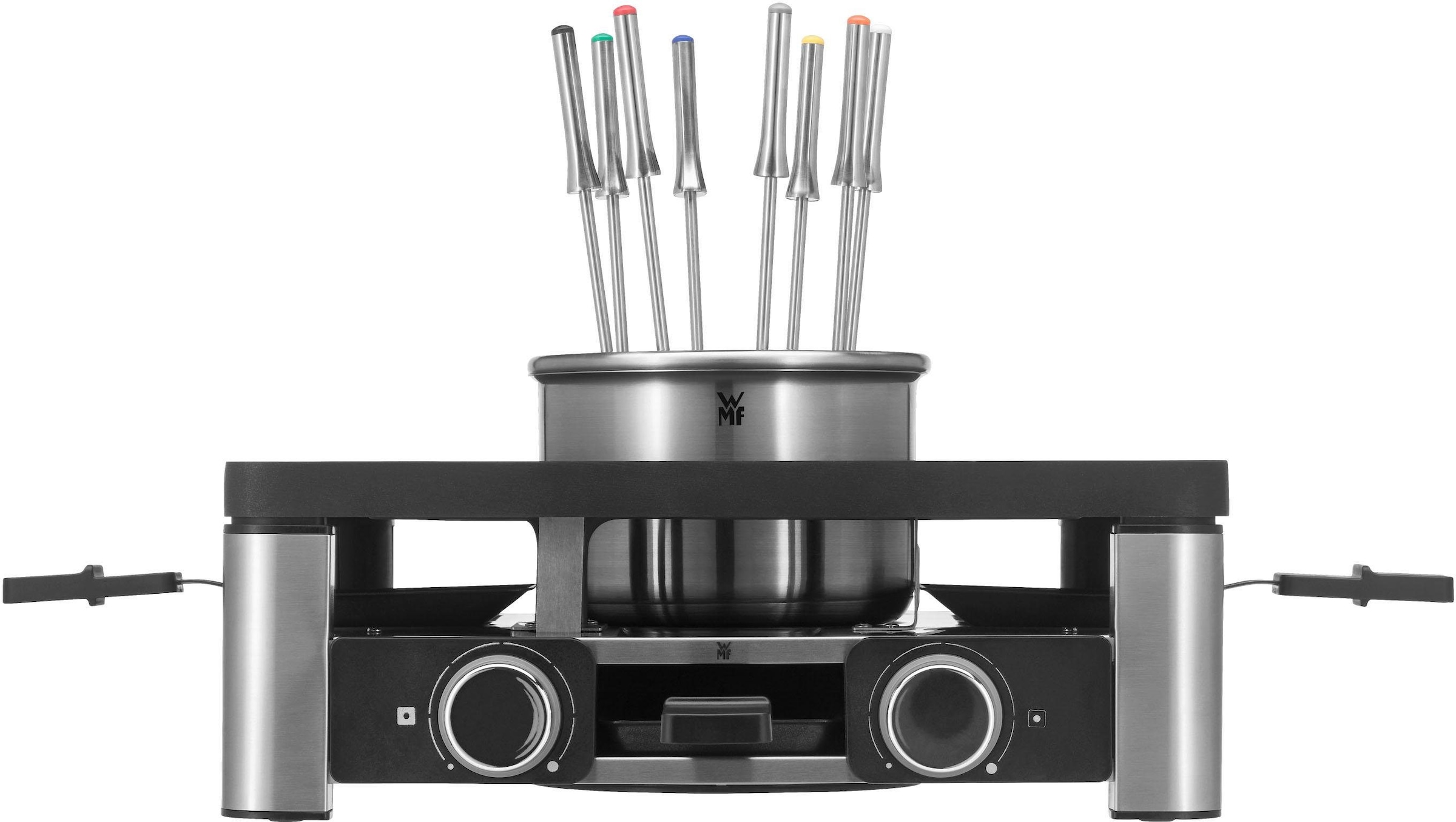WMF Raclette »Lumero Gourmet Station 3-in-1, Raclette, Fondue und Indoor-Grill«, 8 St. Raclettepfännchen, 1800 W, spülmaschinengeeignete Pfännchen/Platte, Spritzschutz, LED-Beleuchtung