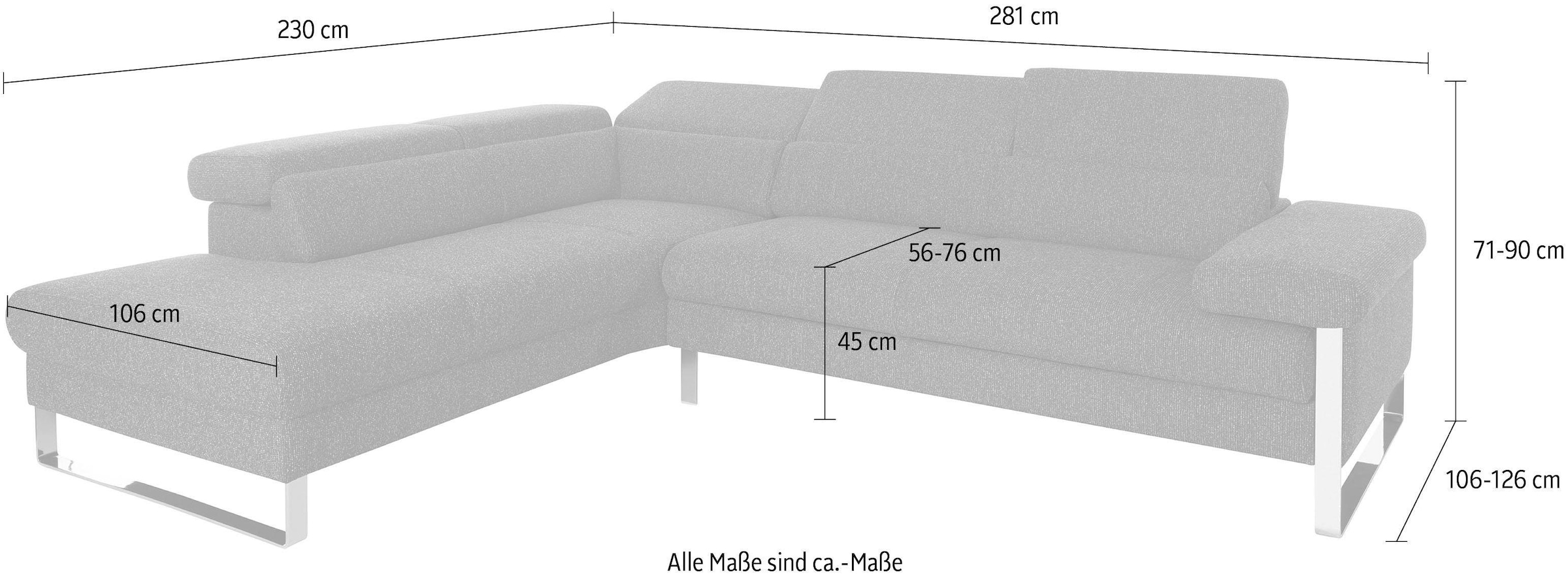 W.SCHILLIG Ecksofa »finn, toller Sitzkomfort, L-Form, hochwertige Verarbeitungsdetails«, German Design Award 2016, Fußgestell Chrom glänzend, Breite 281 cm