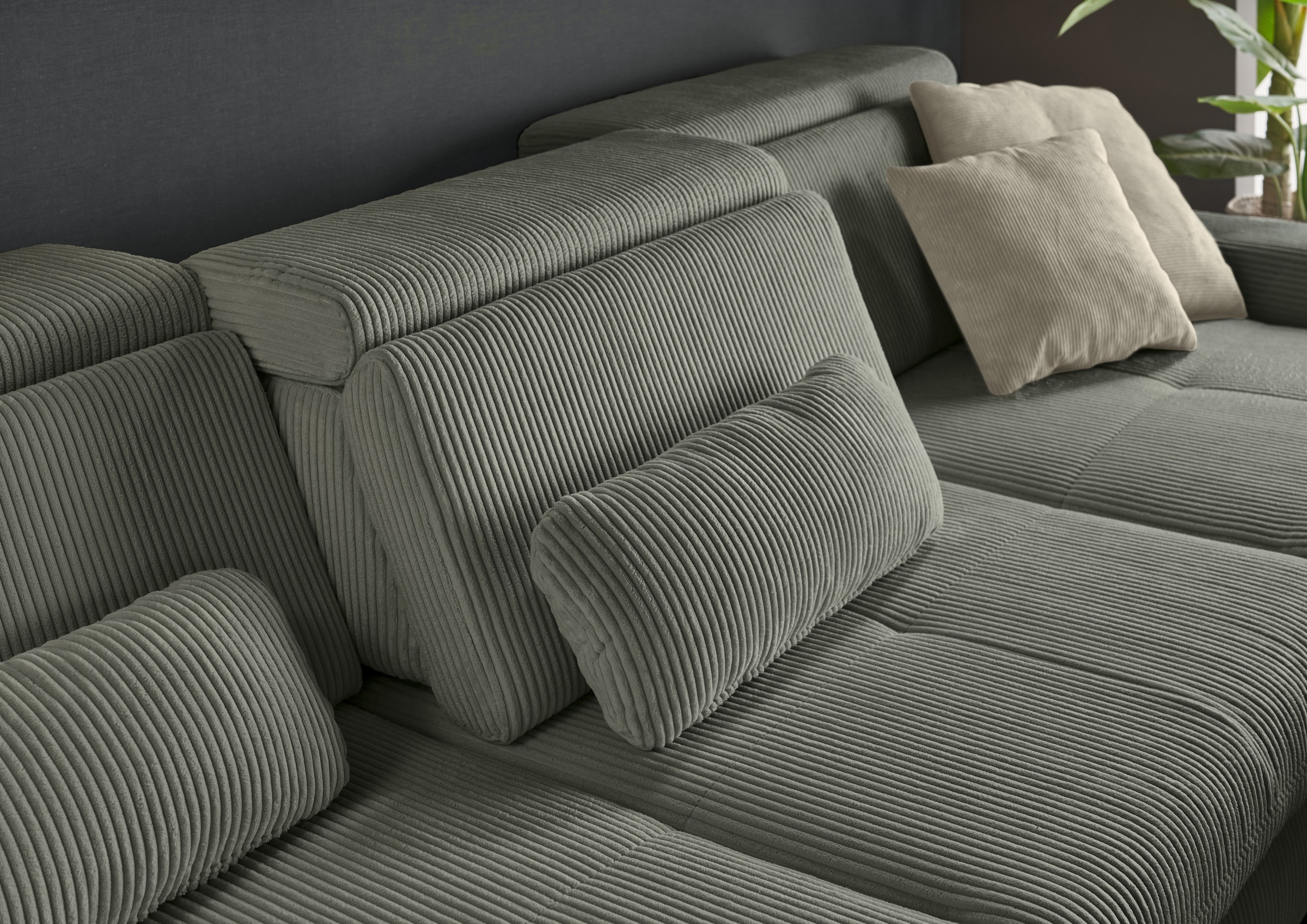 set one by Musterring Ecksofa »SO 3400 Sitzhöhe 47cm oder 49cm, Sitztiefe verstellbar, B/T: 307/195cm«, whlw. mit Funktion, Kaltschaum, in Cord, lind, Sitzhöhe 47