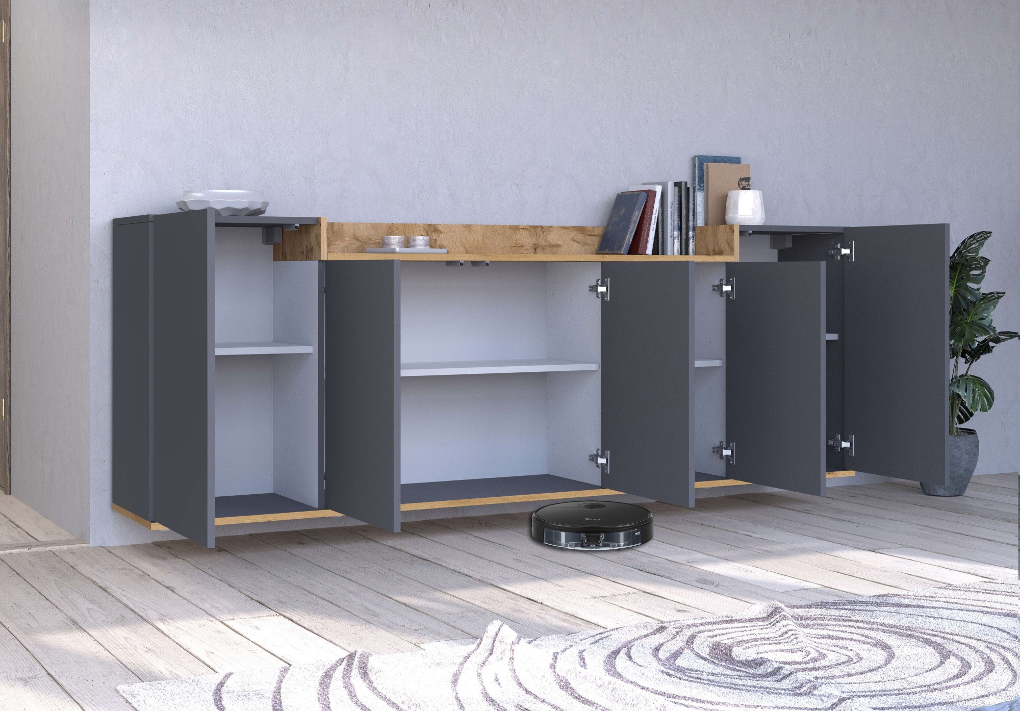 OTTO home Sideboard »BOLSENA, Kommode, Schrank,Lowboard mit 8 Fächer und offenes Ablagefach« 1 Stk. tlg. stehend/hängend montierbar, Made in Italy, B/T/H: 200 × 35 × 71,2 cm