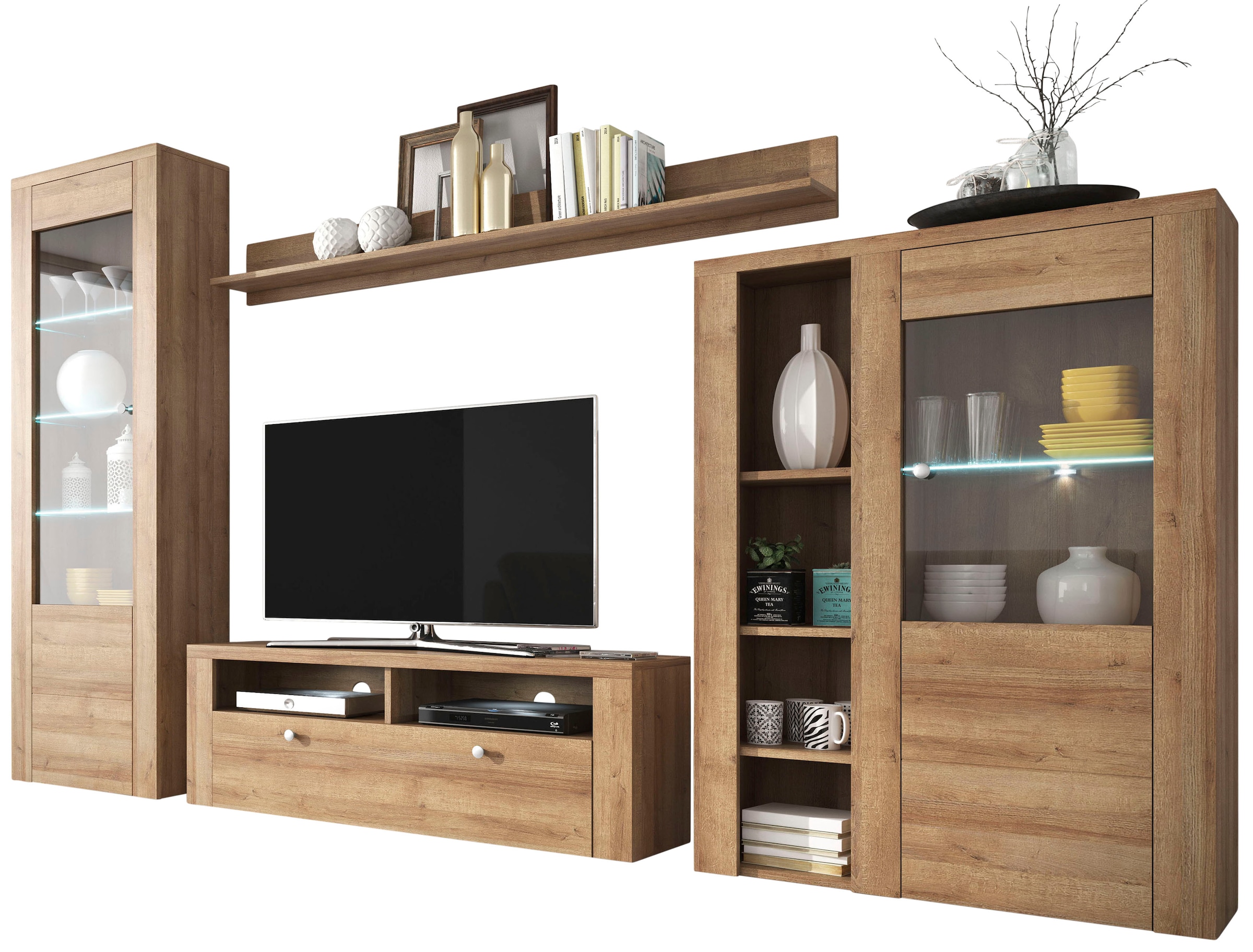 Home affaire Wohnwand »Larona, Anbauwand, Set 4 Teilig«, (Set, 4 St.), bestehend aus 1 TV-Board, 1 Highboard, 1 Vitrine, 1 Wandregal