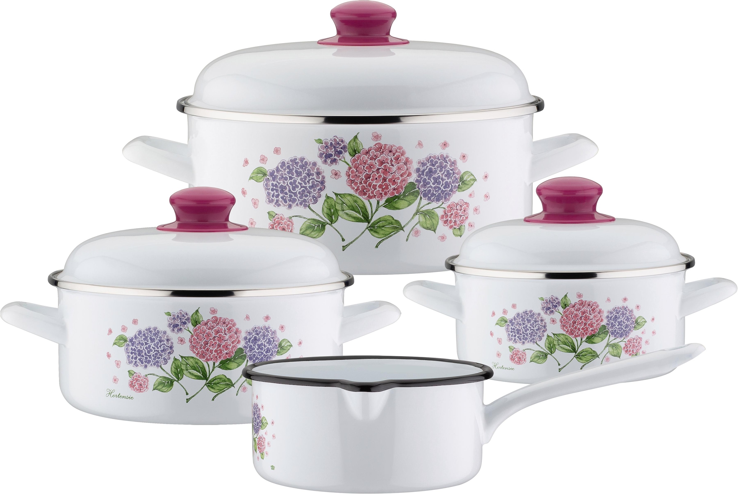 Topf-Set »Hortensie«, Stahl-Emaille, (Set, 7 tlg., je 1 Kochtopf Ø 16/20/24 cm, 1x...