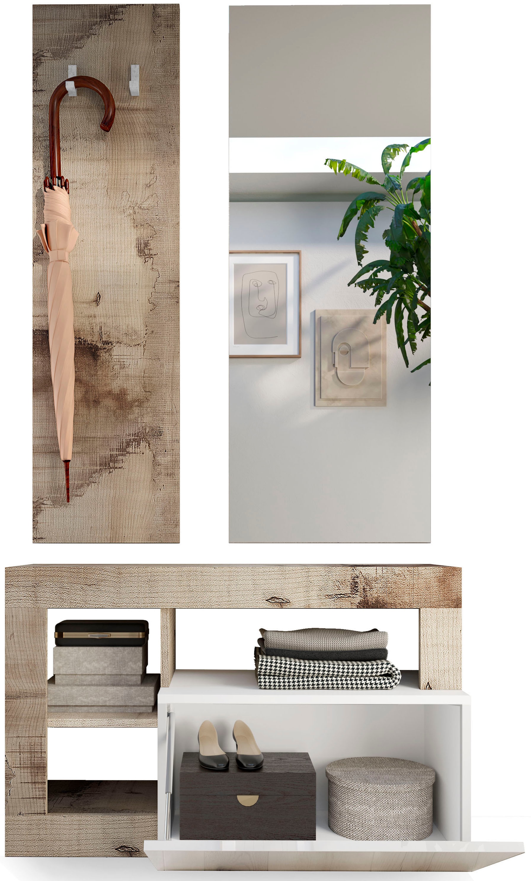 Home affaire Garderoben-Set »Hamburg« bestehend aus Garderobenbank, Garderobenpaneel, Spiegel, 3 Stk. tlg.