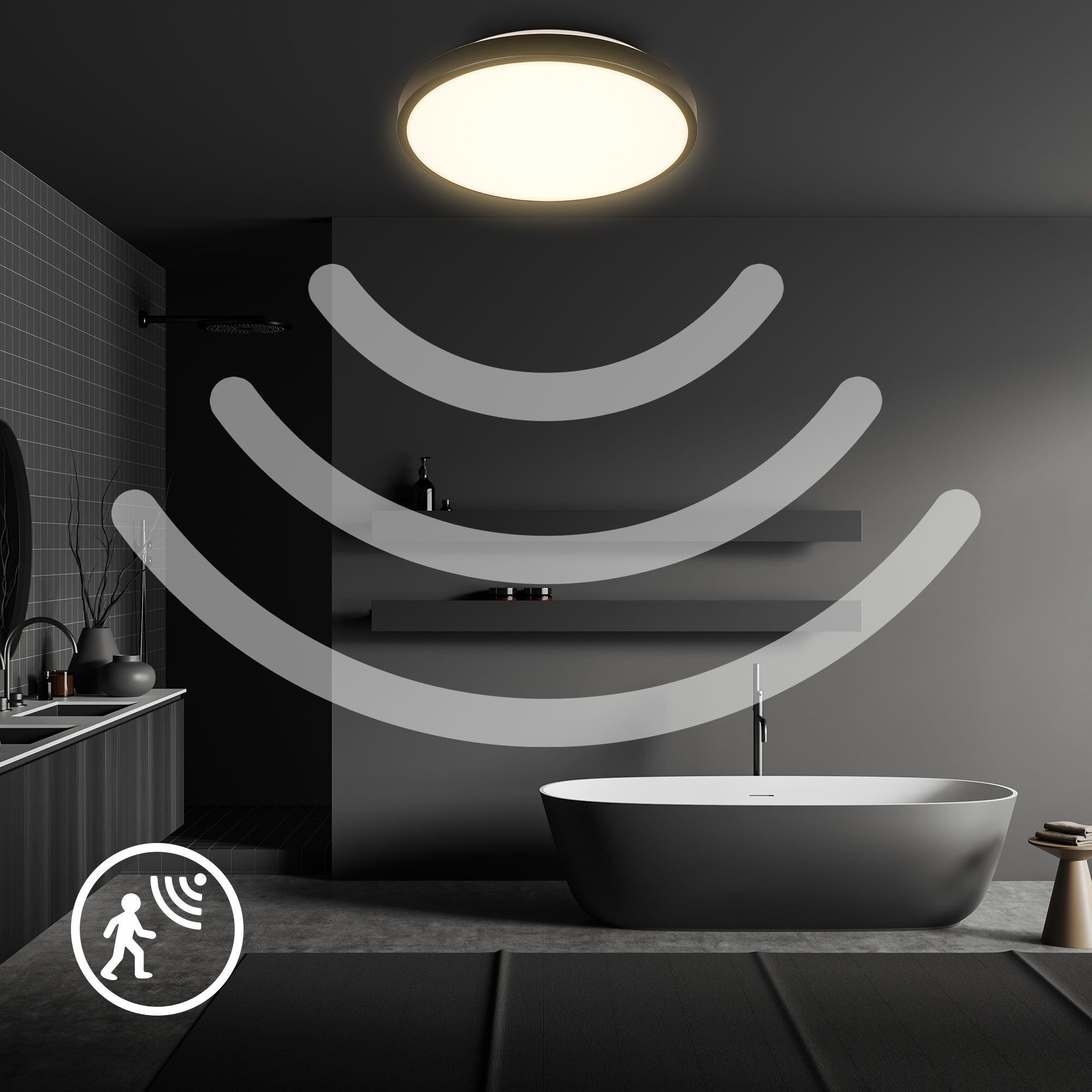 B.K.Licht LED Deckenleuchte »BK_DL1615 Bad Deckenlampe mit Bewegungsmelder, 3m Reichweite« LED-Modul 1 Stk. Warmweiß 120° Erfassungswinkel, IP54, 13W, 1.300 Lm, 3.000K, Ø27cm, Schwarz