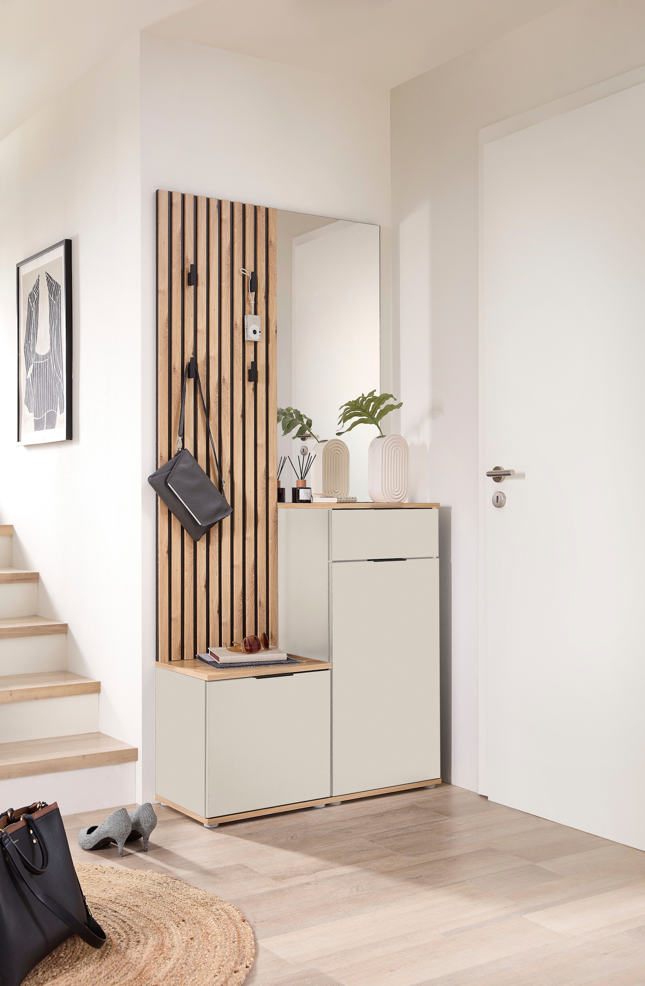 HBZ Kompaktgarderobe »Simple mit Spiegel, Flurgarderobe BxHxT 88x195x35 cm« 4 Stk. tlg. mit Bank, Paneel, Schuhkommode mit Schubkasten und Spiegel