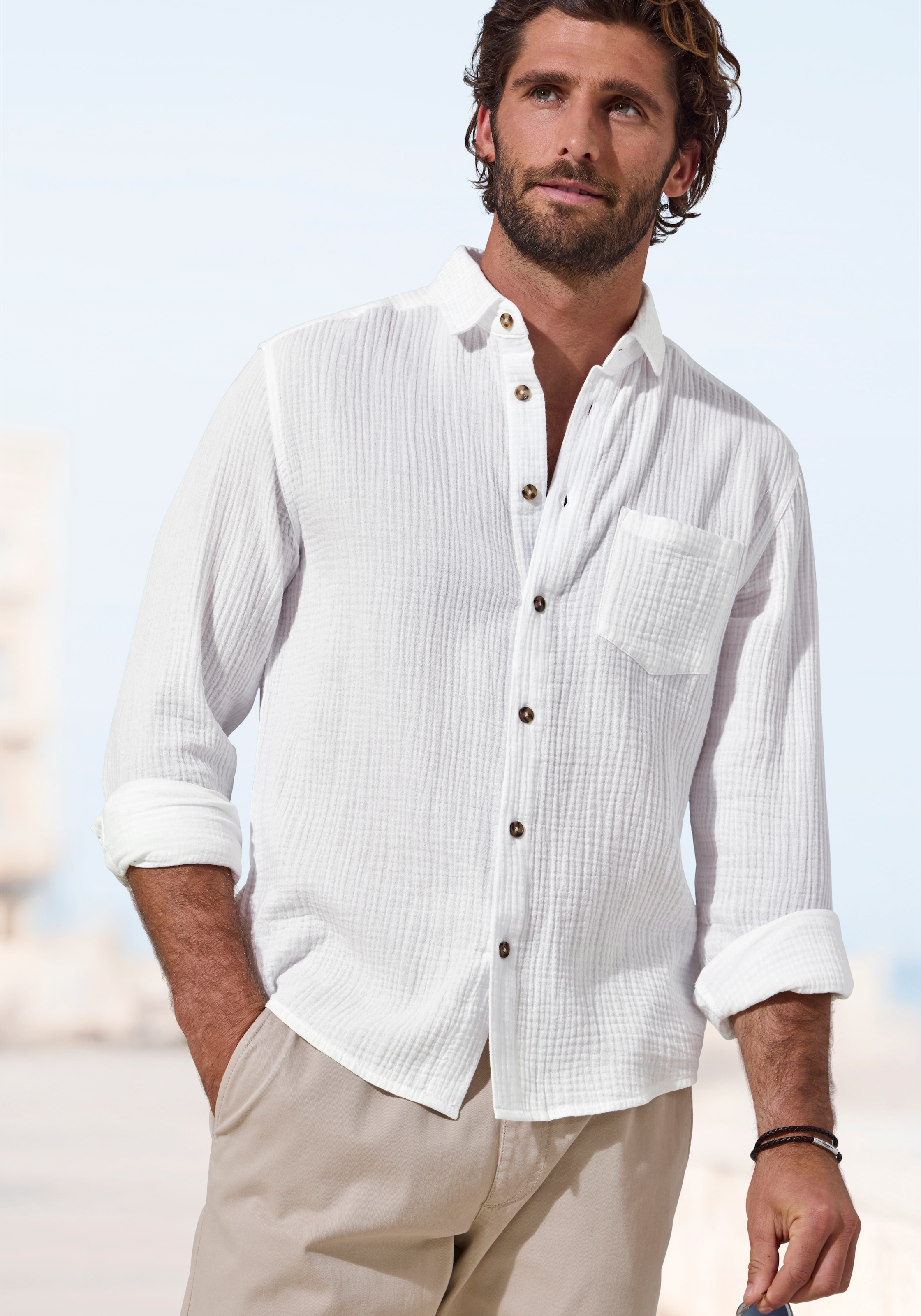 Beachtime Langarmhemd »Regular fit« Langarm, Freizeithemd aus Musselin-Ware