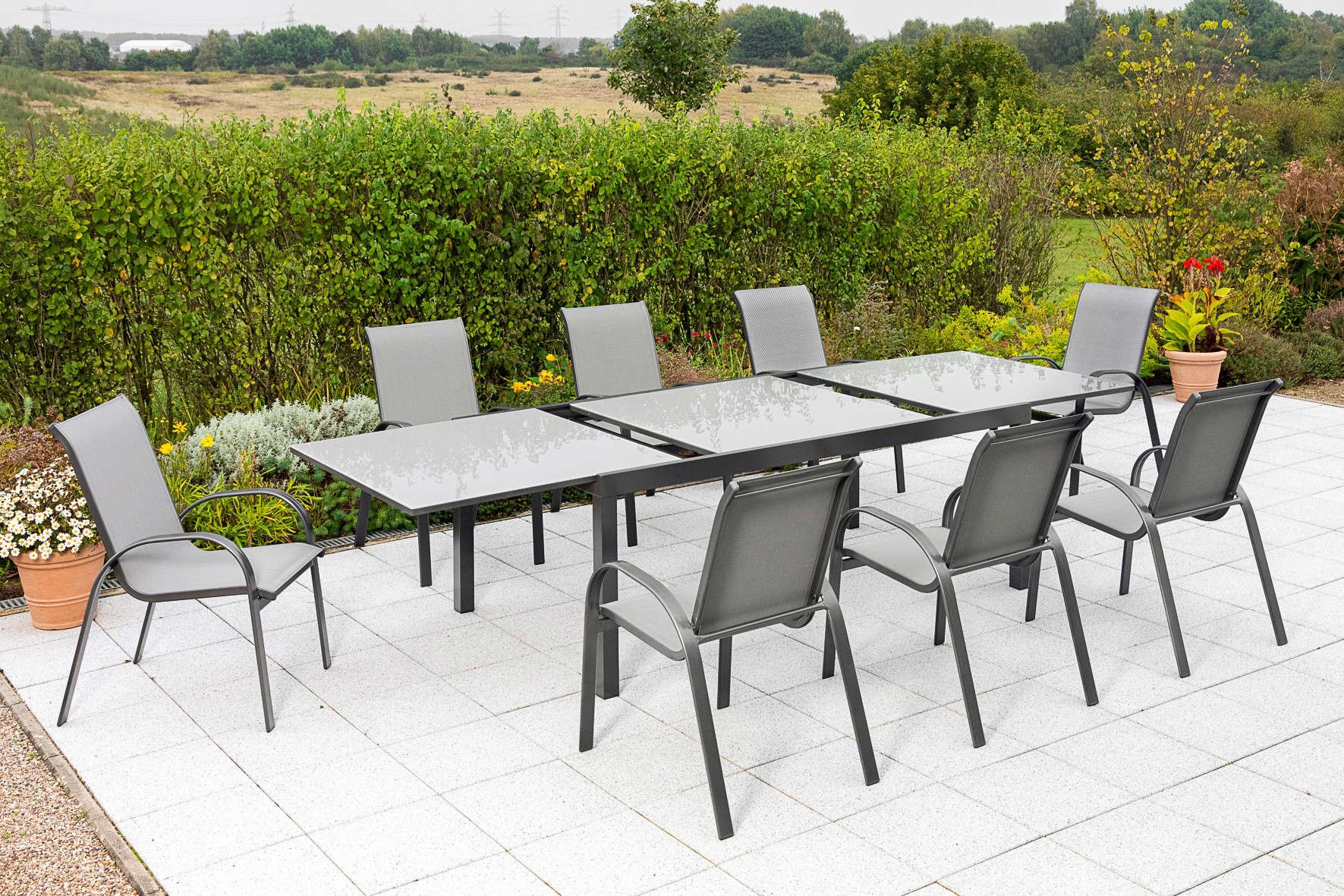 MERXX Garten-Essgruppe "Amalfi" Set, 9 Stk. tlg. 8 Stapelsessel, Ausziehtisch