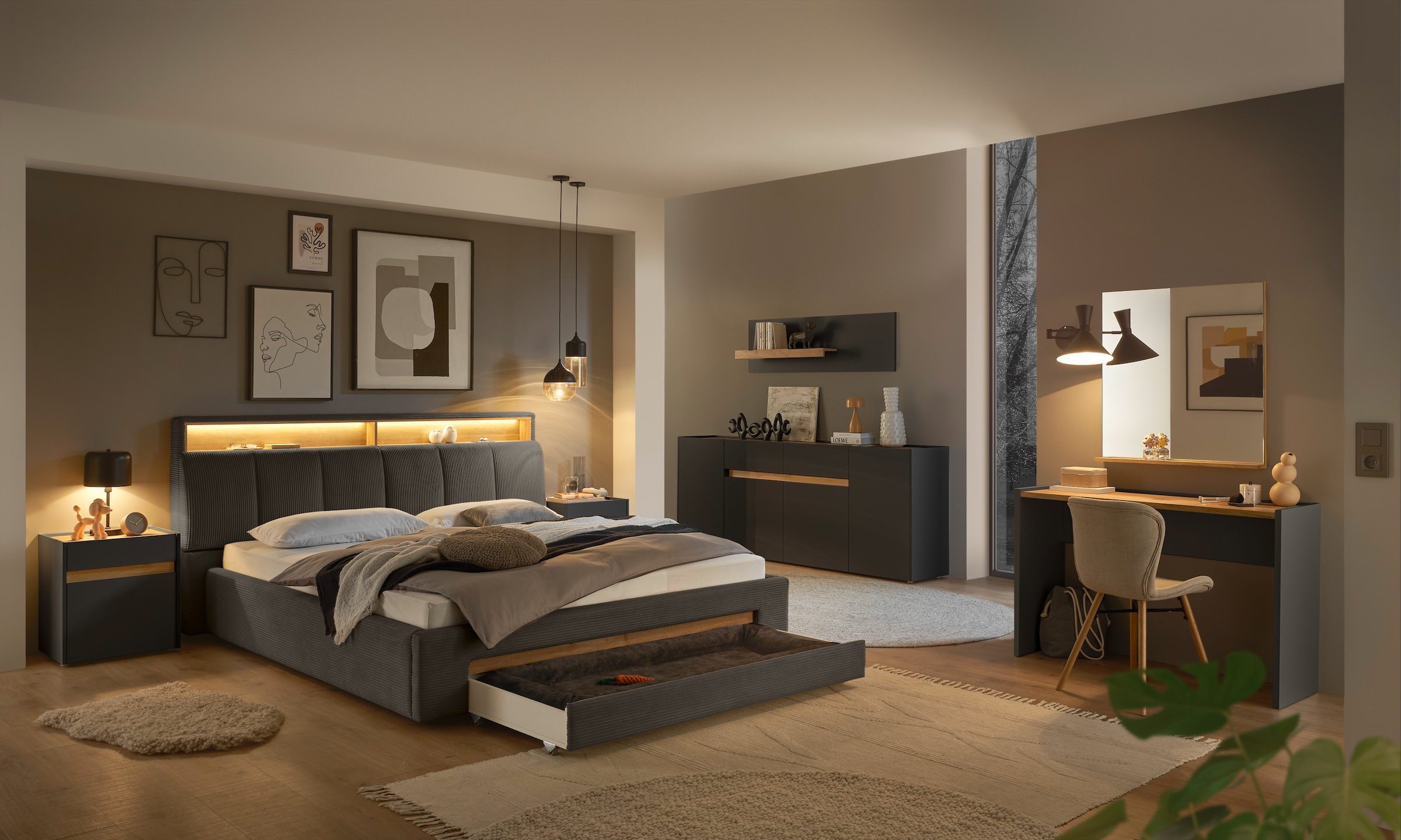 Home affaire Polsterbett »CiTY/GiRON,, gepolstertes Stauraumbett, mit LED Beleuchtung« Bettkasten mit Hundebett oder als Stauraum, klappbare Kopfteile