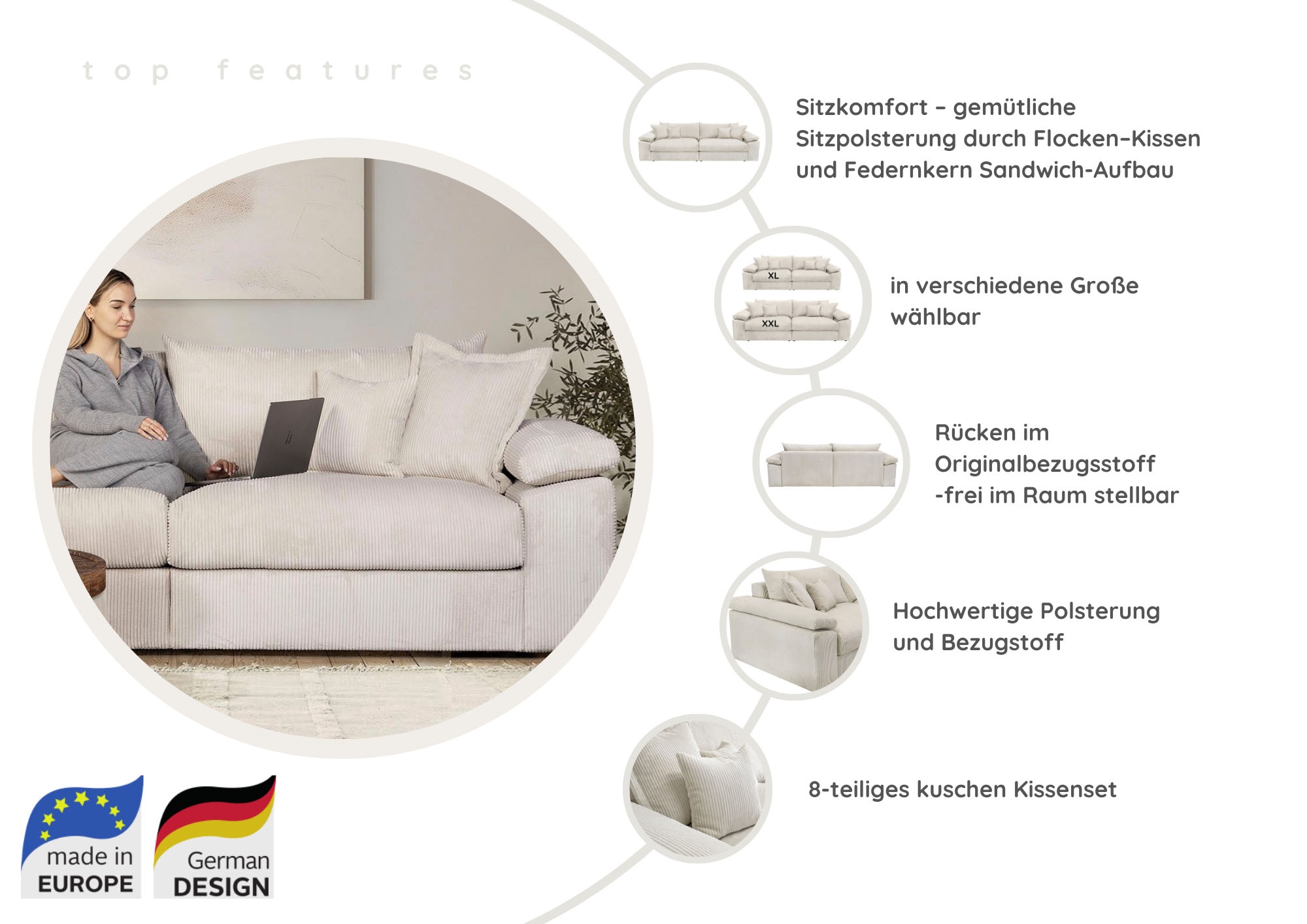 Home affaire Big-Sofa »Soft&Cosy XXL, B: 303 cm«, Mega-Sofa, Cord oder Chenille-Struktur, mit Federkern & 4 Zierkissen