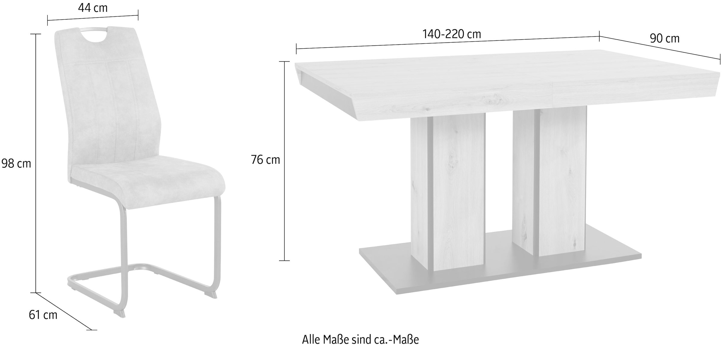 HELA Essgruppe »Tisch ausziehbar 140 -220 cm,« Set, 5 Stk. tlg. Belastbarkeit 140 KG, bequem gepolstert mit Griff