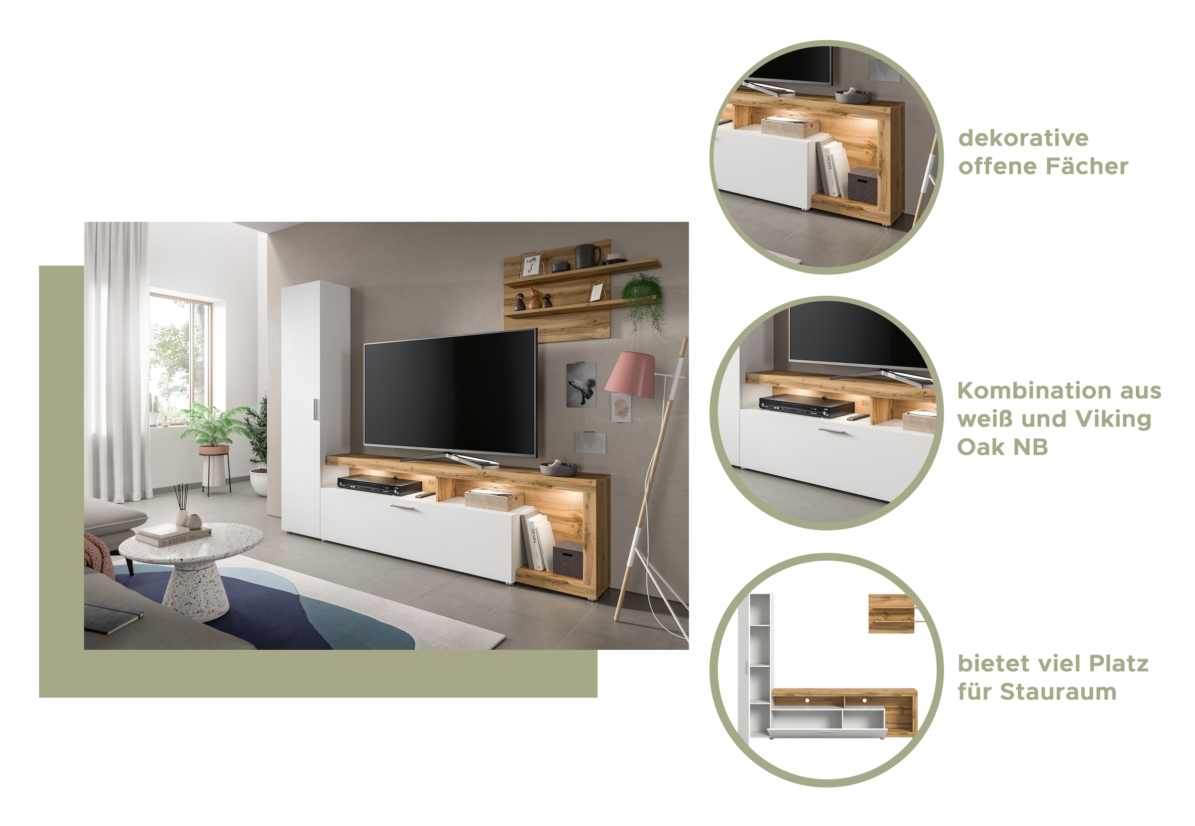 INOSIGN Wohnwand »Kryss, Breite 218cm, besteht aus: Hochschrank, Lowboard, Wandboard«, (3 St.), Wohnwand, Mediawand, TV-Wand, Wohnkombination, Kombination, TV-Möbel