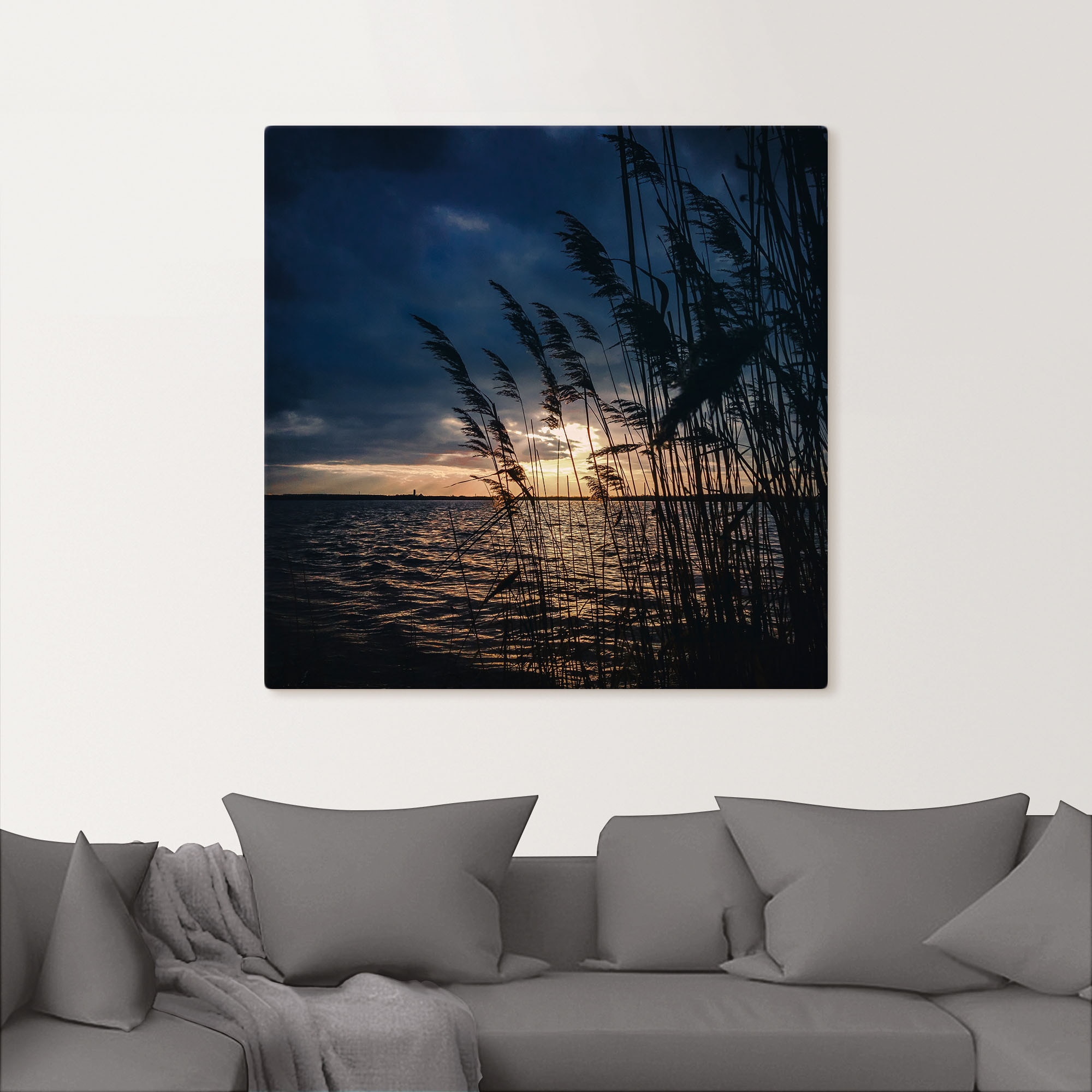 Artland Alu-Dibond-Druck »Sonnenuntergang mit Schilf am See«, Seebilder, (1 St.), für Innen- und Außenbereich geeignet, Outdoorbild
