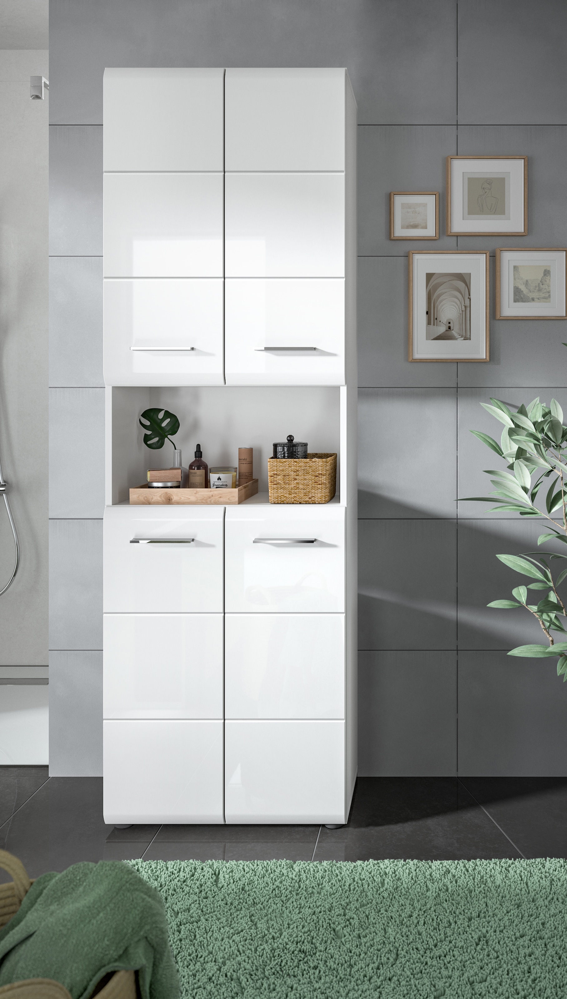 INOSIGN Hochschrank »FLORENZ, TOPSELLER!, Höhe 185 cm, 4 Türen, 4 Fachböden, 1 offenes Fach«, hochwertige MDF Front, Griff chromglänzend, Badschrank, Bad