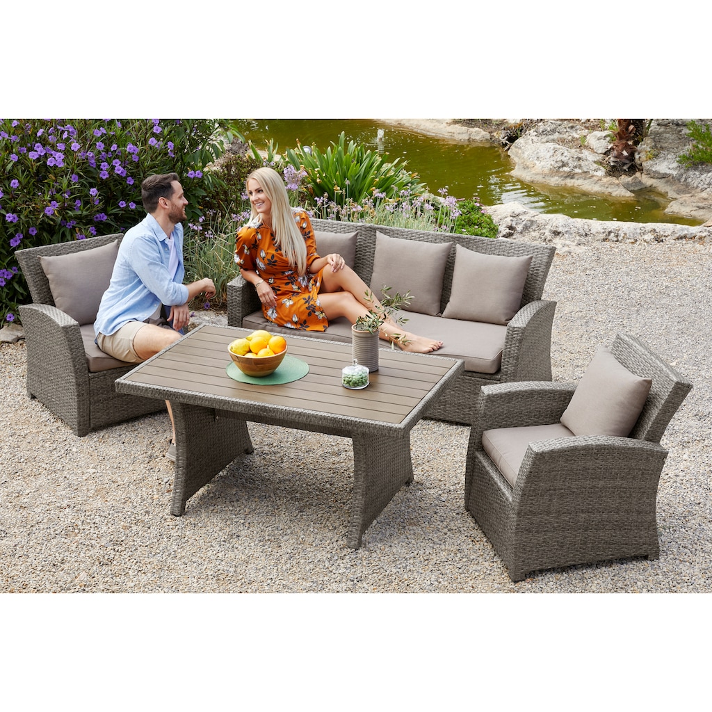 KONIFERA Gartenlounge-Set »Siros«, (Set, 12 tlg., 1x 3er Sofa, 2x Sessel, 1x Tisch 135x82x65cm, inkl. Auflagen), Polyrattan, Stahl, Tischplatte aus Nonwood, geeignet für 5 Personen