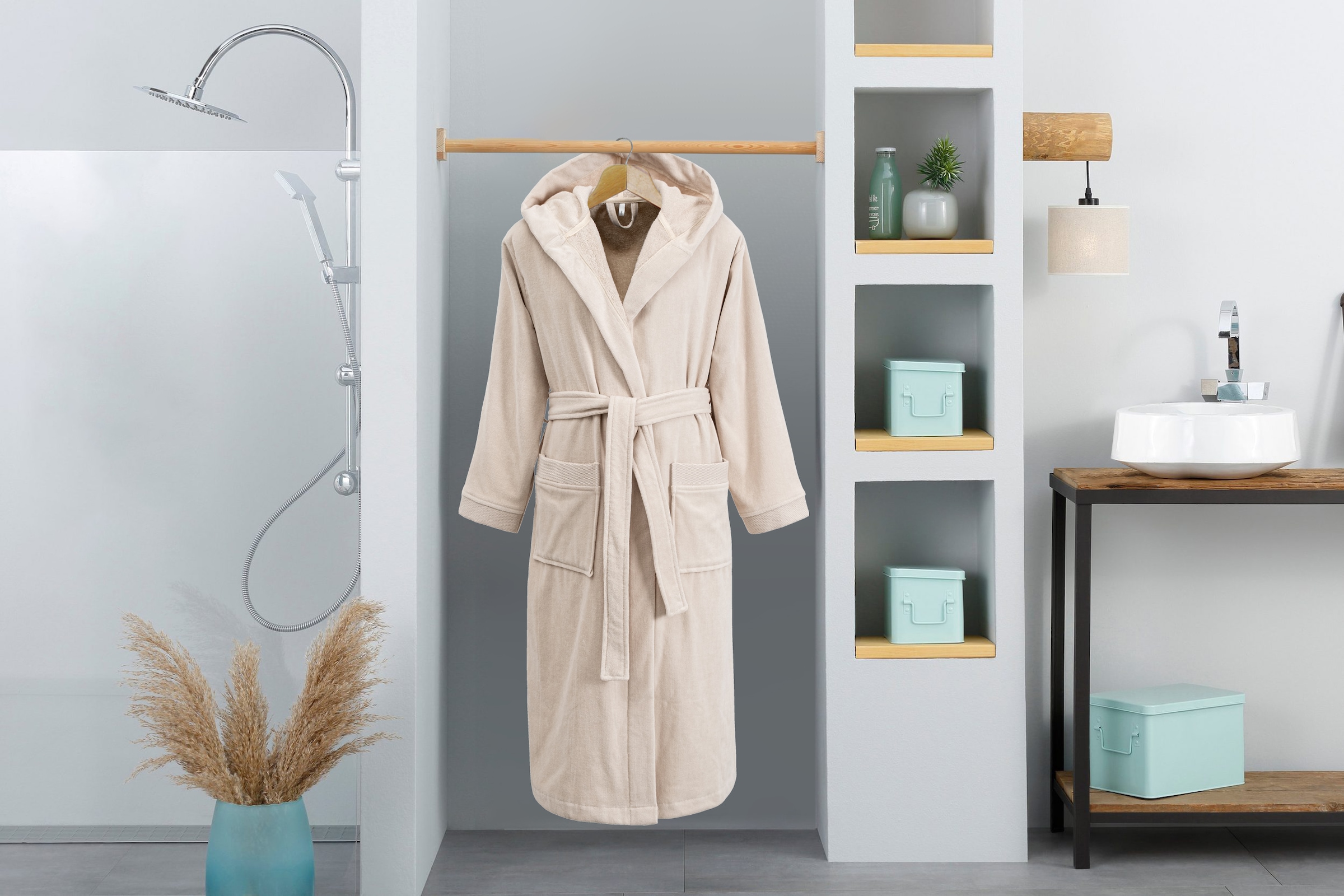 OTTO home Unisex-Bademantel »Fenya, 330 g/m², ideal für Sauna & Spa, Hotelbademantel, Morgenmantel«, (1 St.), Reißverschlusstaschen, weich mit GRATIS-Zugabe: 1x Duschtuch 70x140 cm