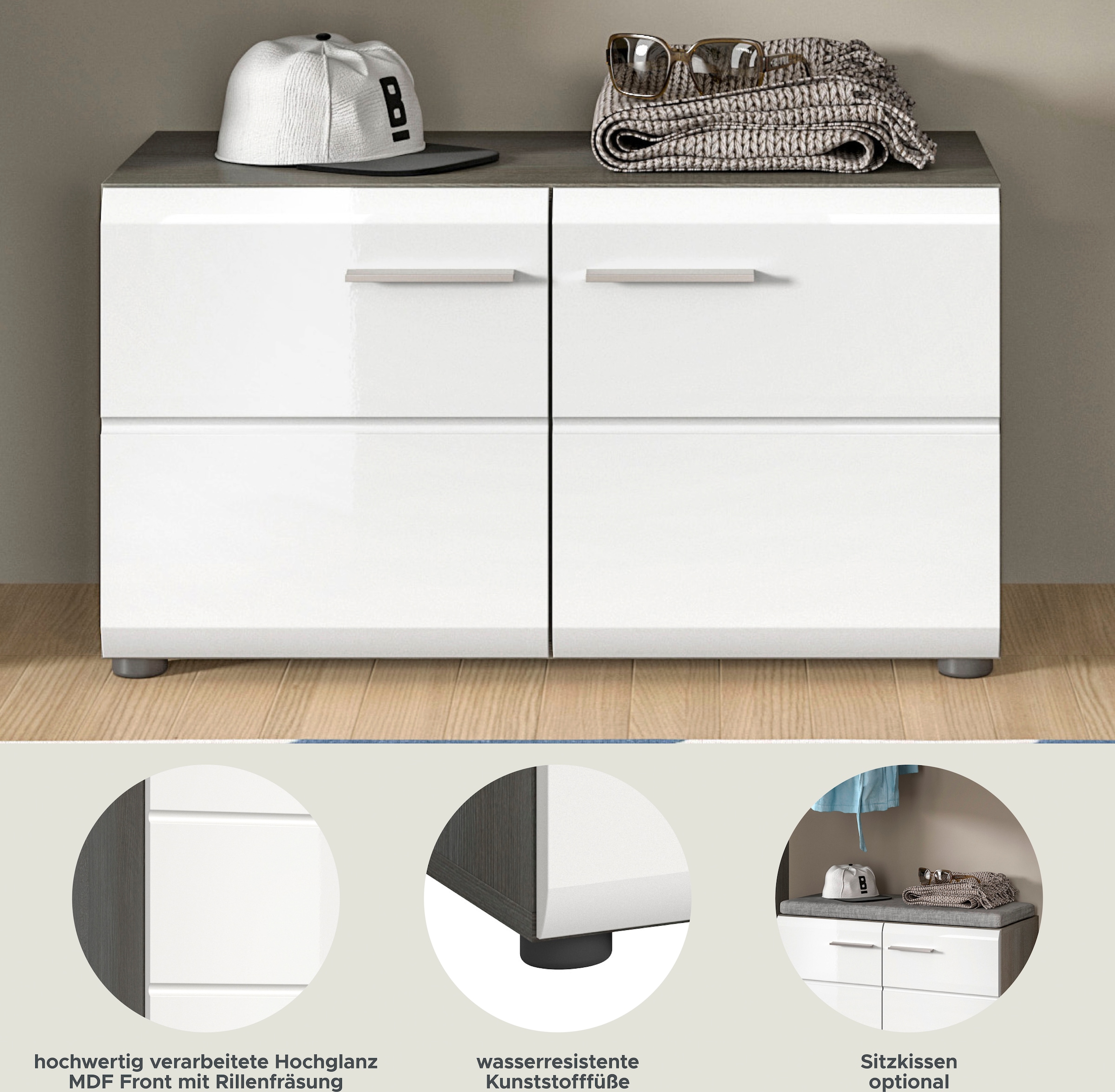 INOSIGN Sitzbank »Rumba, Breite 80cm, Hochglanz Front, 2 Türen, 2 Einlegeböden, 4 Fächer«, Schuhbank, Schuhschrank, Flurbank, Flurmöbel