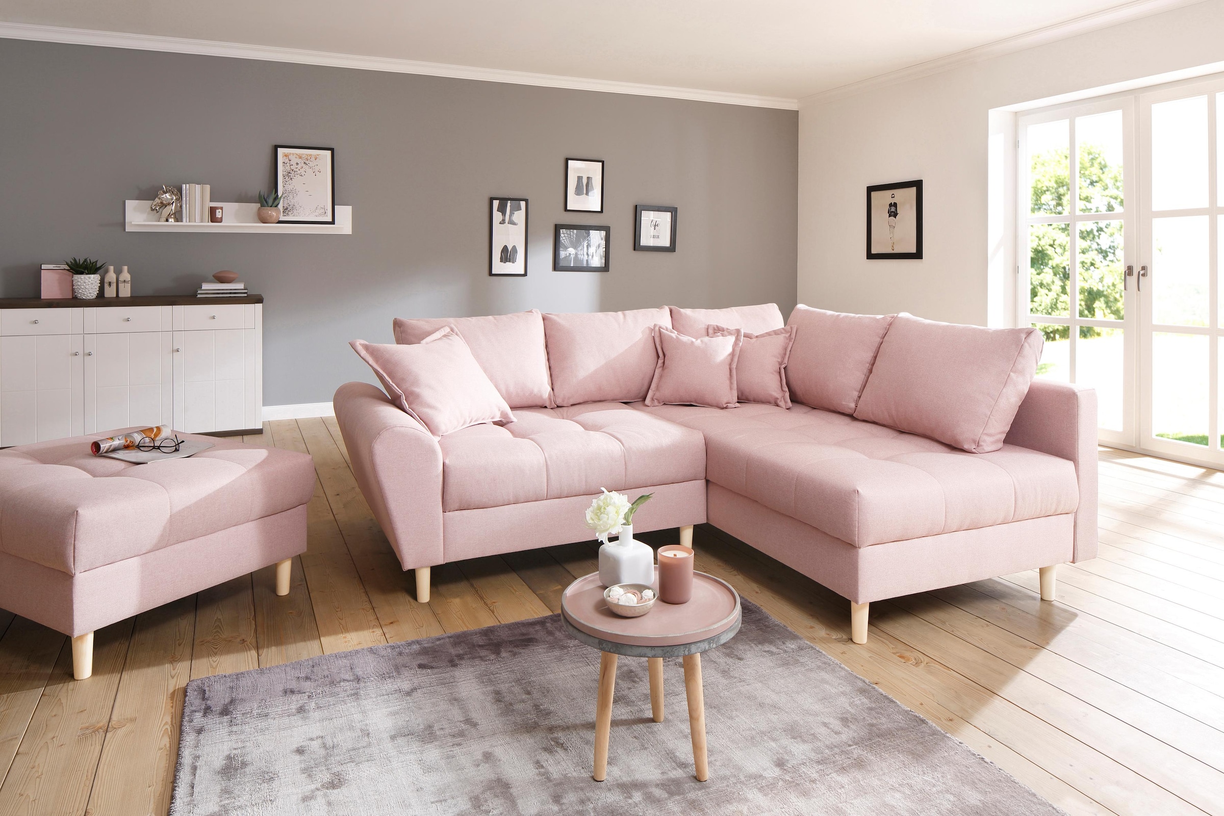 Ecksofa »Rice L-Form«, (Set, mit Hocker), mit Bonnellfederkern, Hocker & Kissen,...