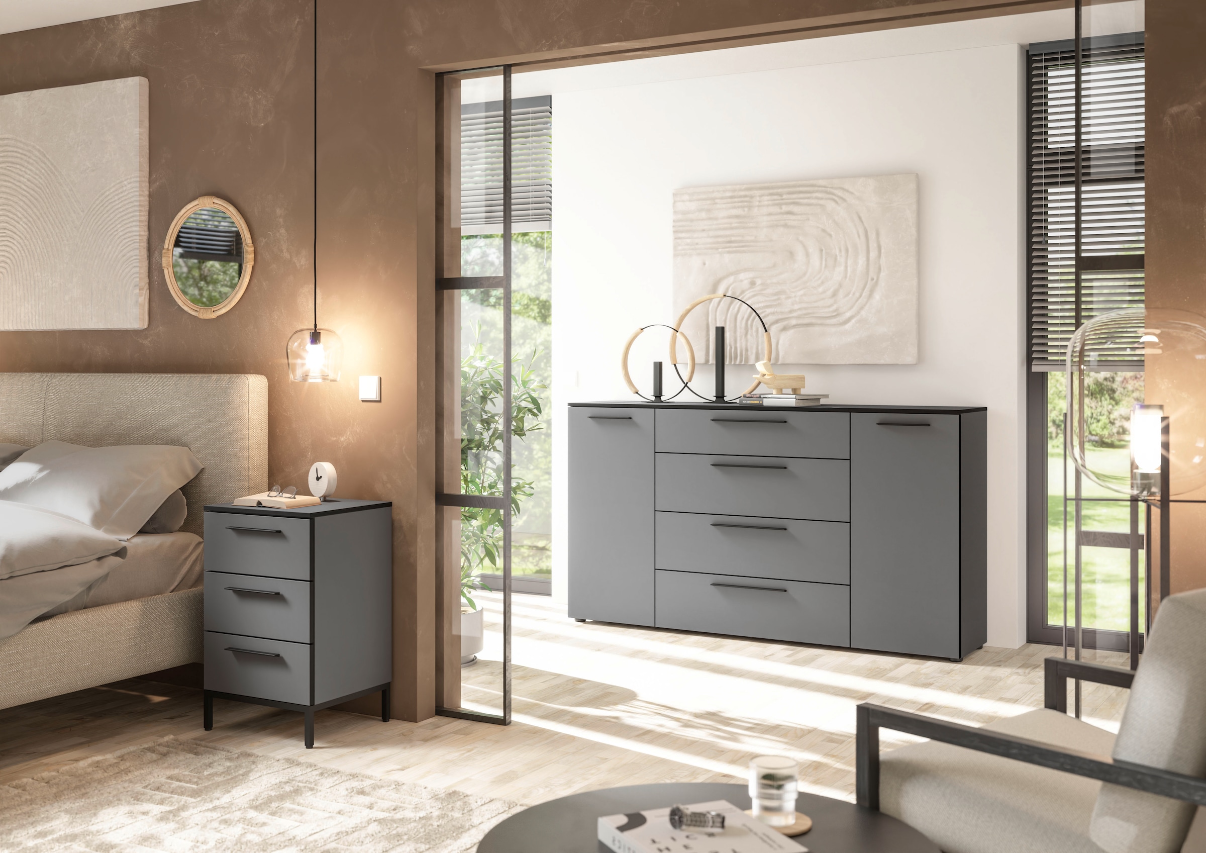 Manjana Möbel Nachtkommode »mit Schwarz matten Metallgriffen«