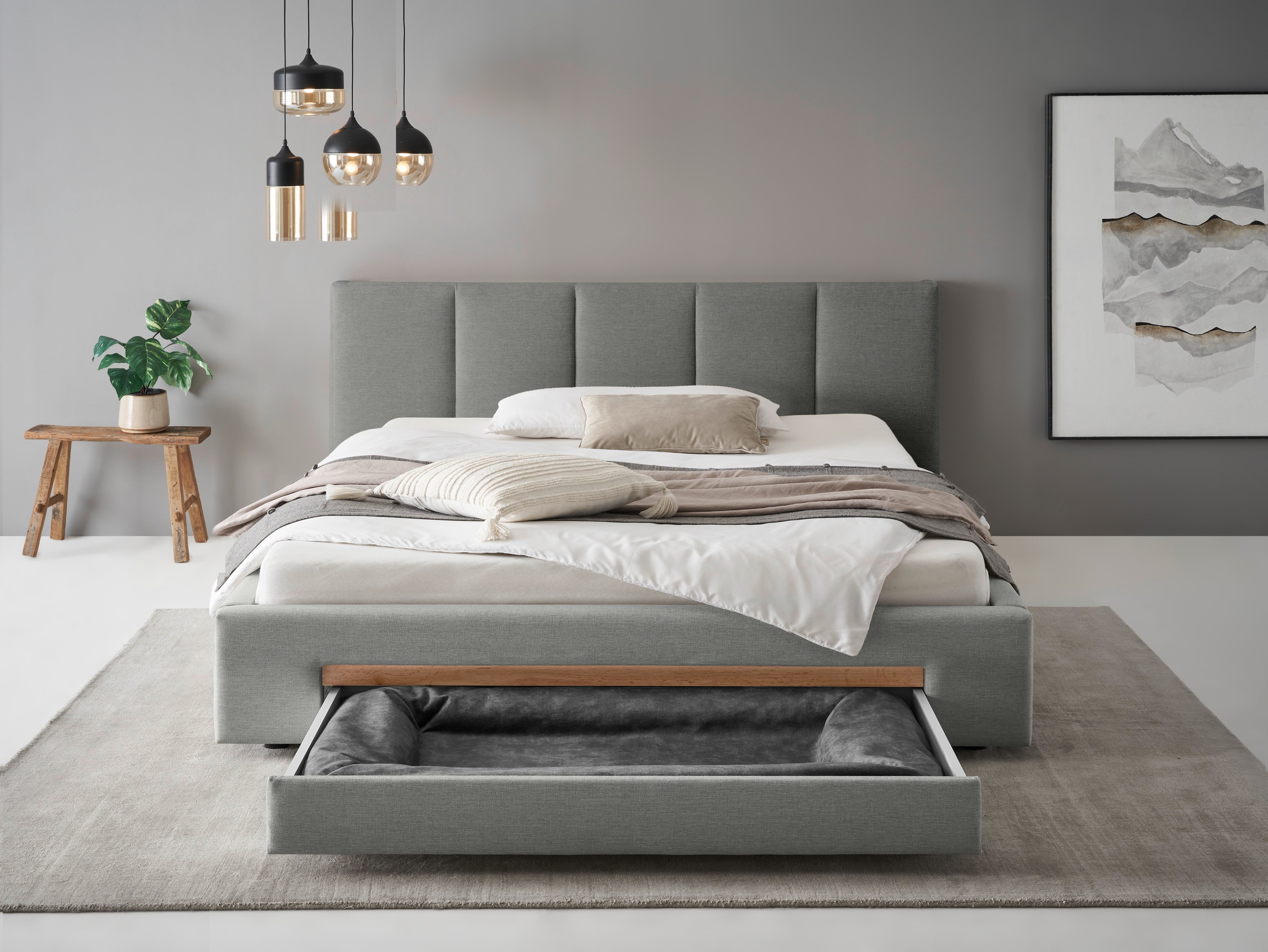 INOSIGN Polsterbett »CiTY/GiRON, Bettgestell mit Bettkasten, gepolstertes Stauraumbett«, mit Hundebett oder Stauraumschublade, Bezug Cord-oder Leinenoptik