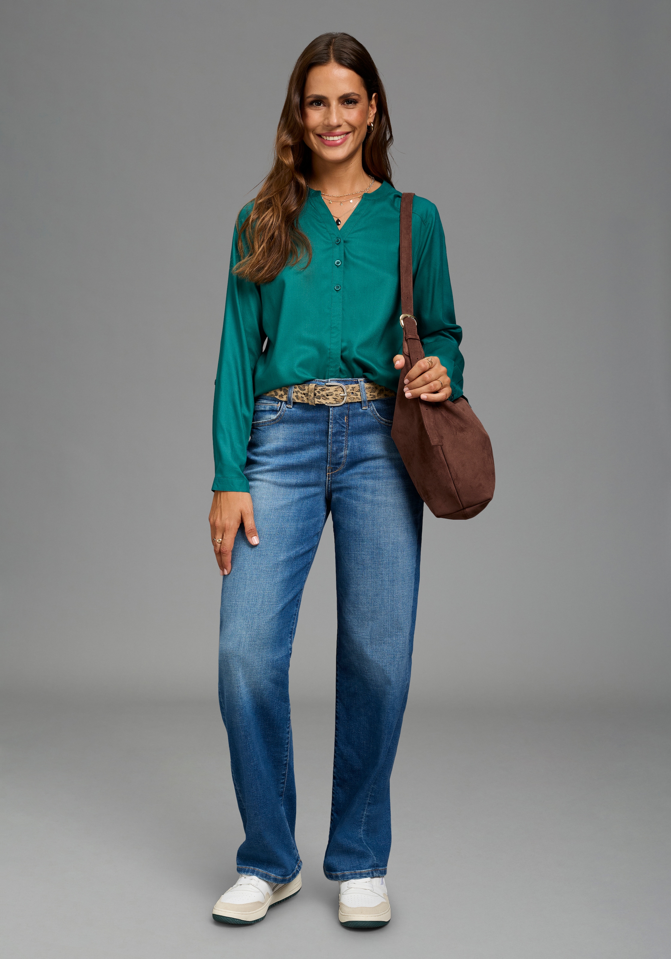 Laura Scott Longbluse mit Stehkragen, Langarm mit 1-Knopf-Manschette, aus Viskose