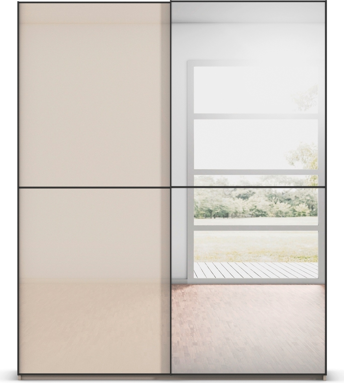 rauch Schwebetürenschrank »Kleiderschrank Schrank Garderobe Schlafzimmerschrank SCALE-DUO« edle zweigeteilte Türen Spiegel/Glas-Mix 3 Zierleisten MADE IN GERMANY