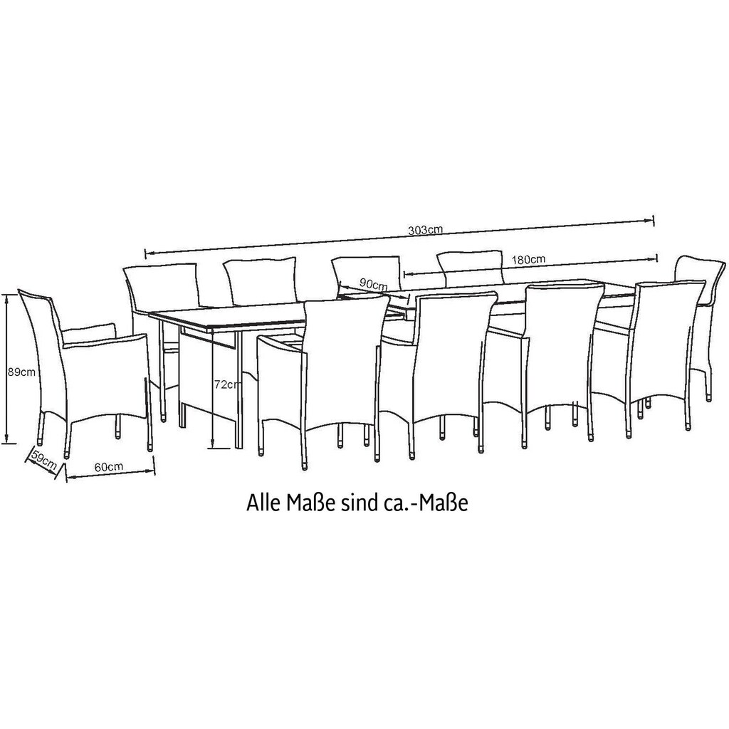 KONIFERA Garten-Essgruppe »Mailand«, (Set, 31 tlg., 10x Sessel, 1x AZ-Tisch 179-302 cm, inkl. Auflagen)