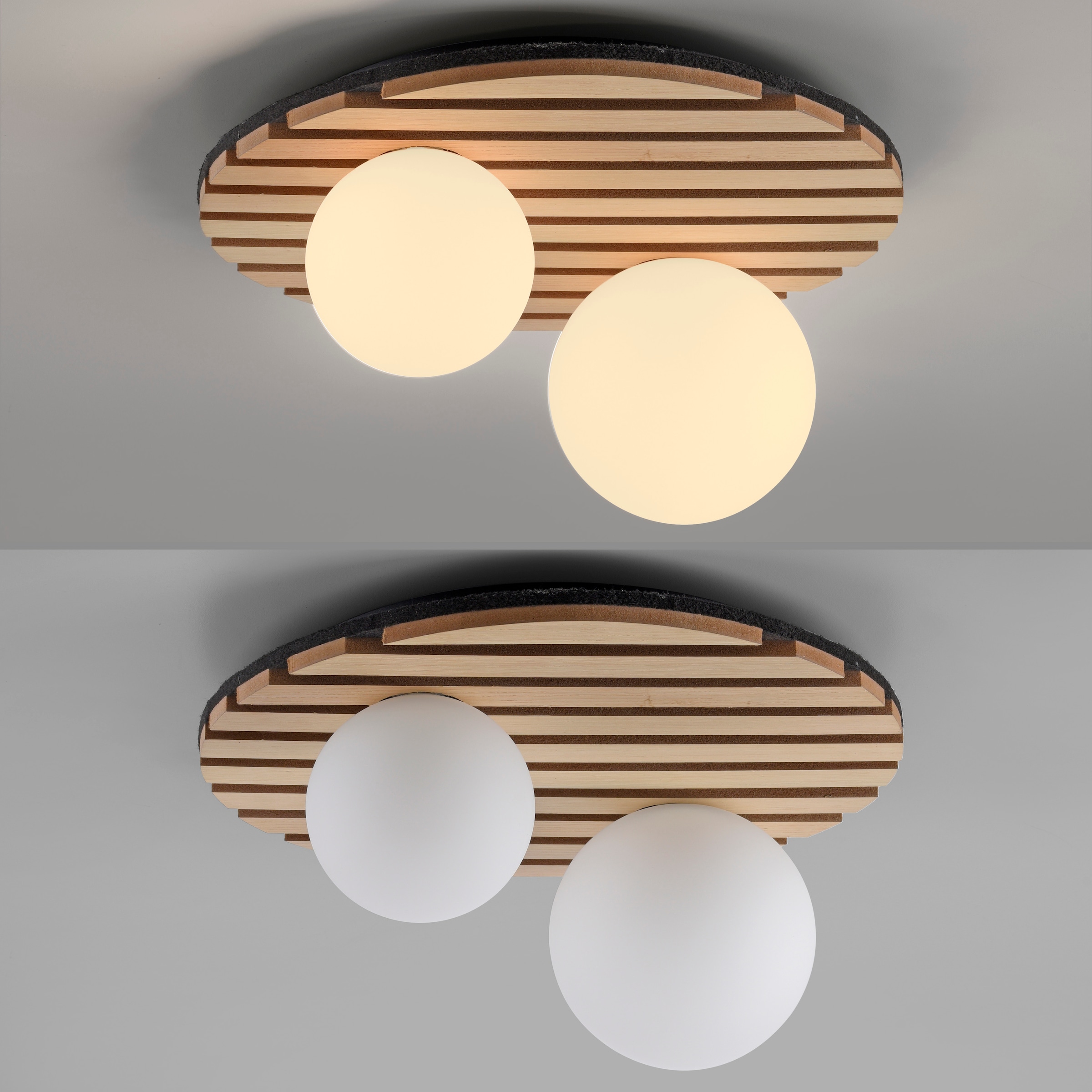 Leonique Deckenleuchte »Erinette Akustikpaneele mit Glaskugel«, 2 flammig, Leuchtmittel G9 | Leuchtmittel wechselbar-ohne Leuchtmittel, Holz, Akustik, Paneele, Glas, opal matt weiß, Deckenlampe