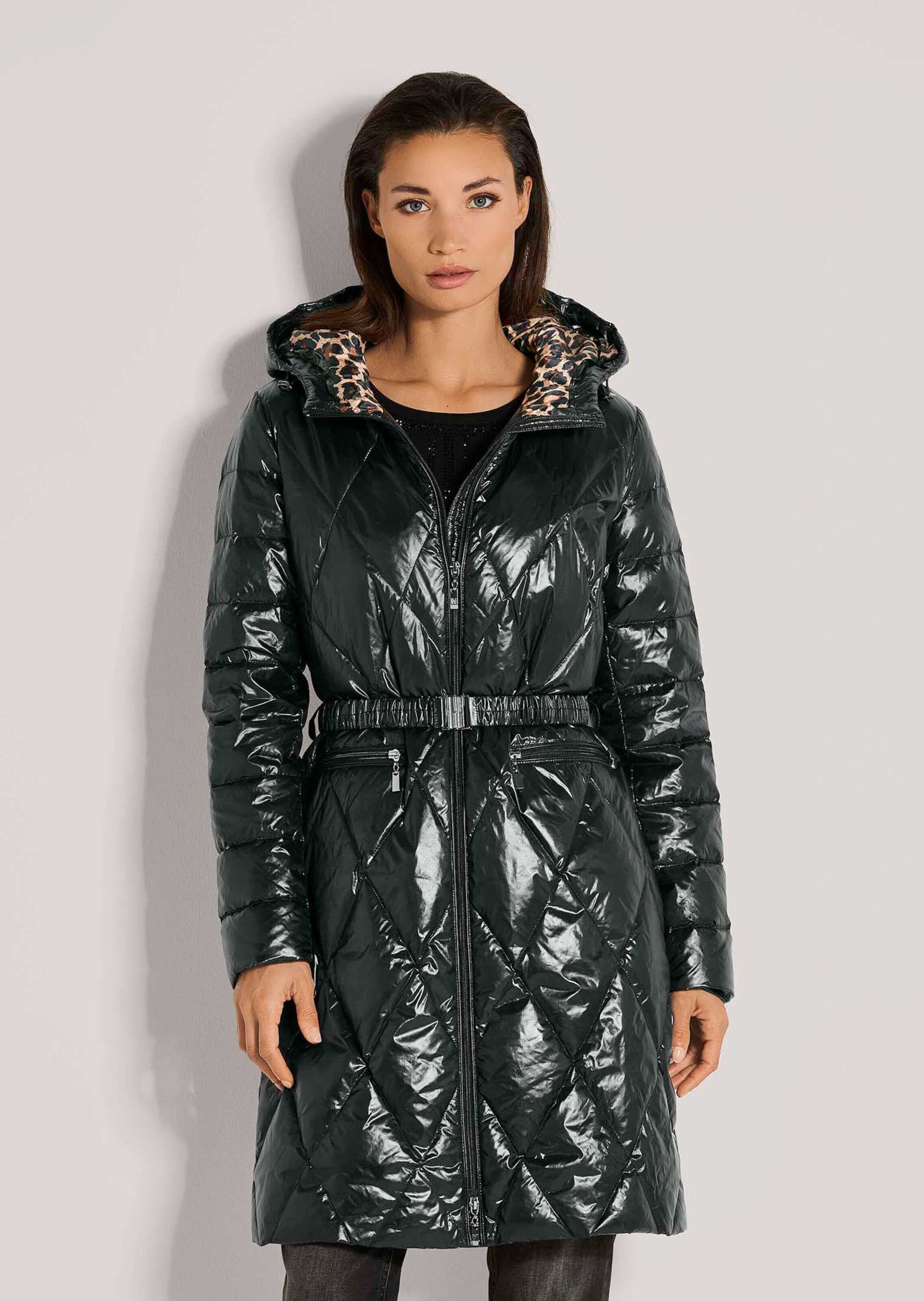 MADELEINE Steppjacke »Steppmantel Elegante Winterjacke mit Rauten-Stepp« Kaputze, Leo-Futter, Gürtel,