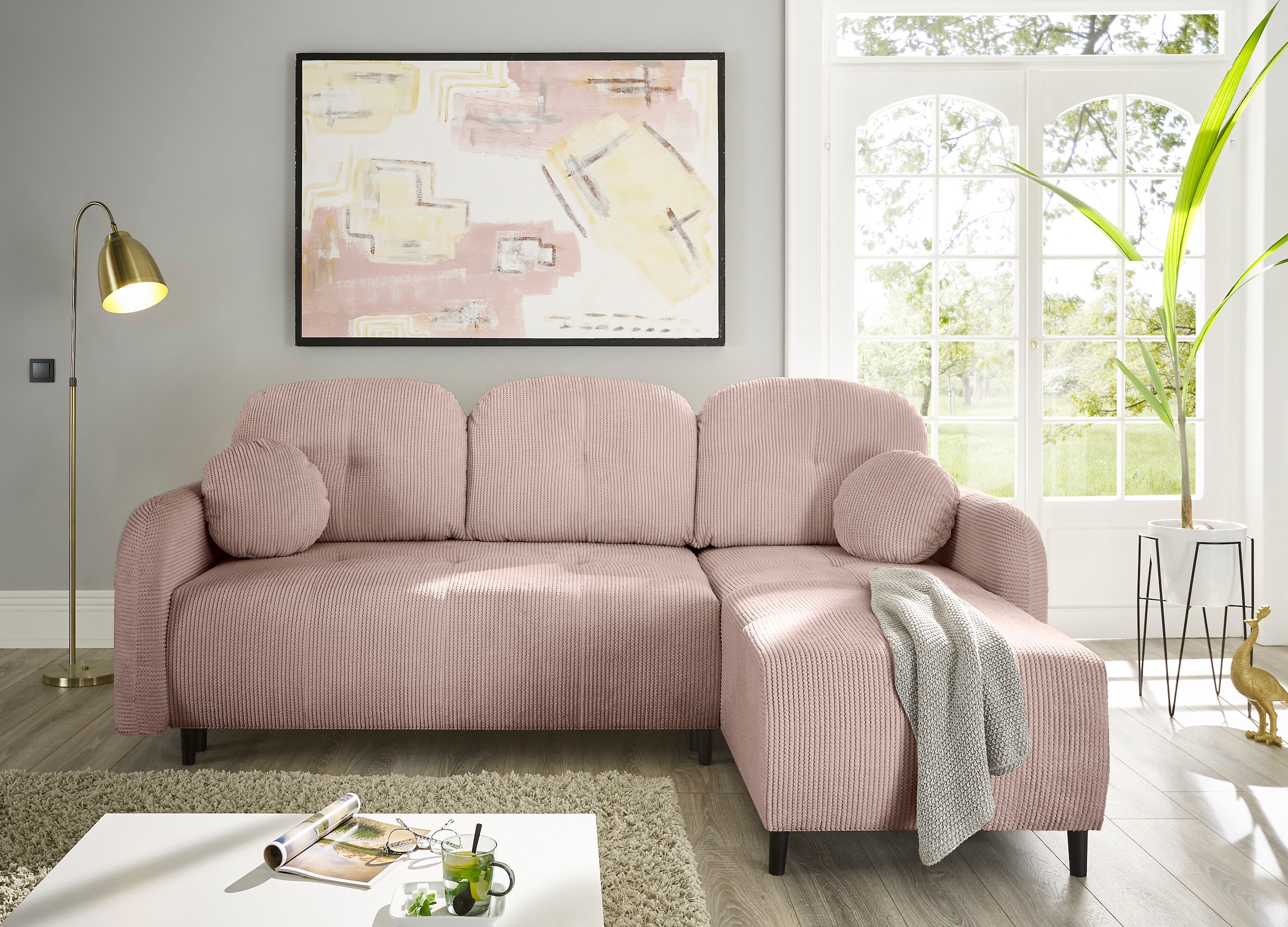 Leonique Ecksofa »BLAISE«, mit Bett-Funktion (Liegefläche 140/200 cm), Zier- und Rückenkissen