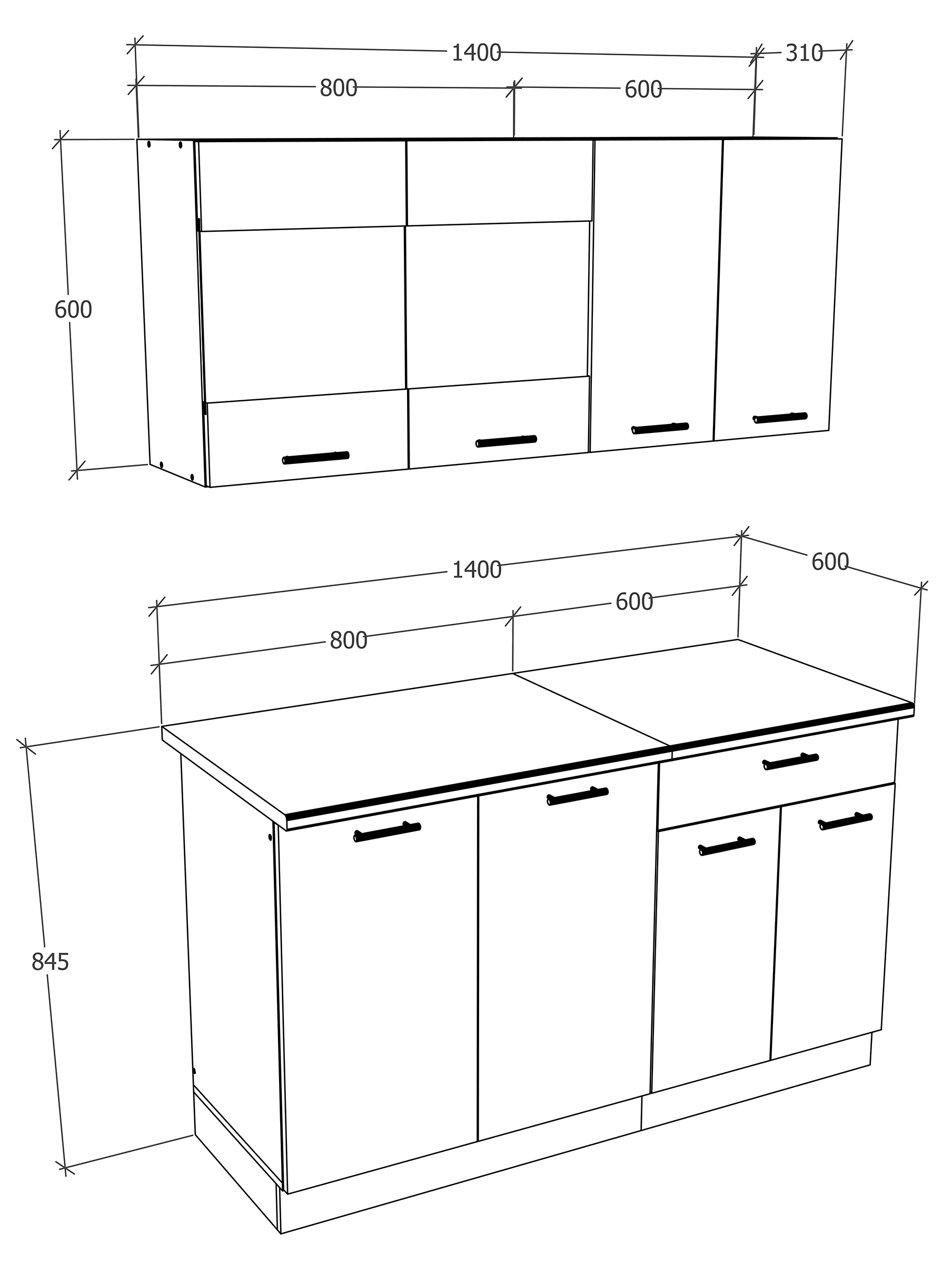 VCM Küchenzeile »Esilo«, 4-tlg Singleküche | Maße H. 145 x B. 140 x. T. 60 cm, ohne E-Geräte